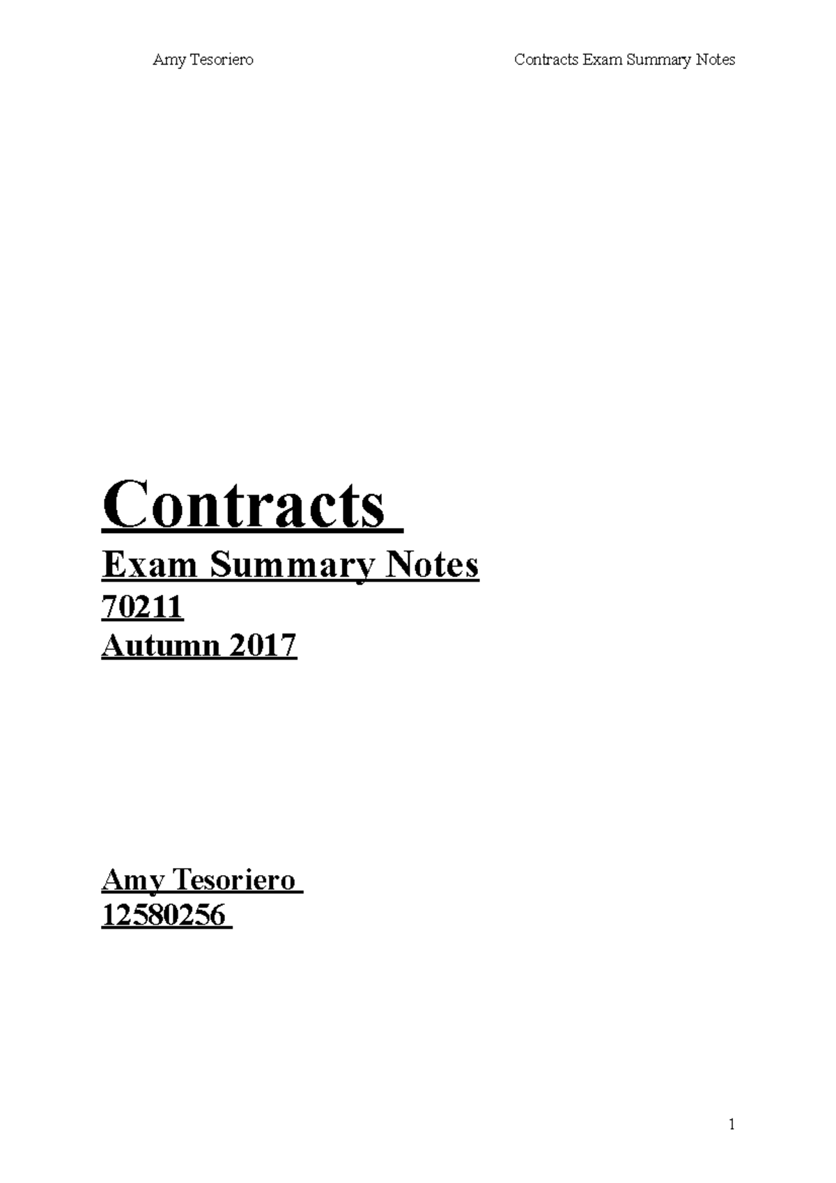 Contracts Exam Notes - Contracts Exam Summary Notes 70211 Autumn 2017 ...