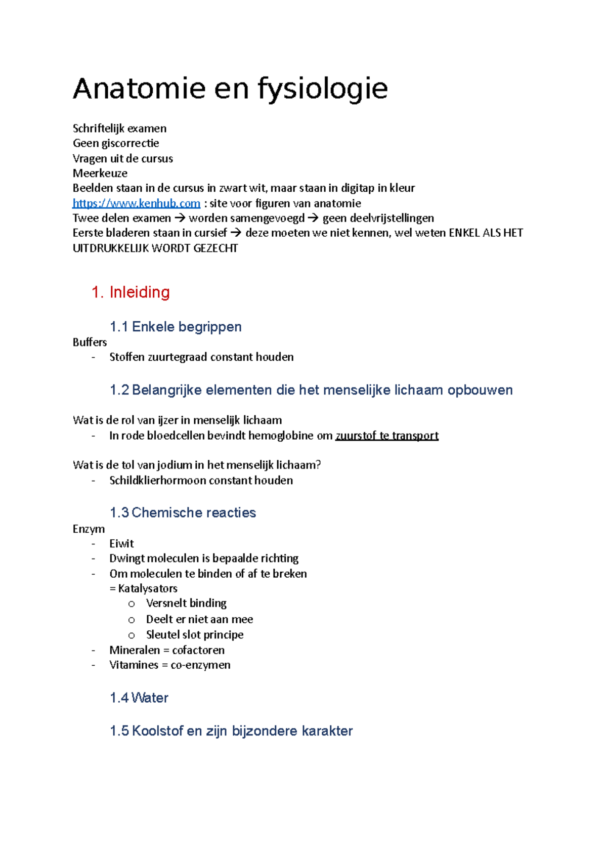 Anatomie En Fysiologie Les 1 - Anatomie En Fysiologie Schriftelijk ...