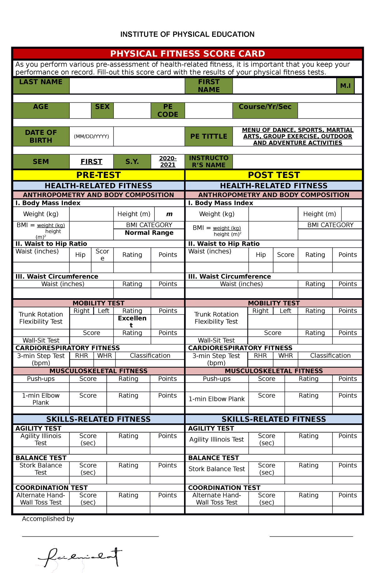 Physical Fitness TEST Score CARD INSTITUTE OF PHYSICAL EDUCATION 