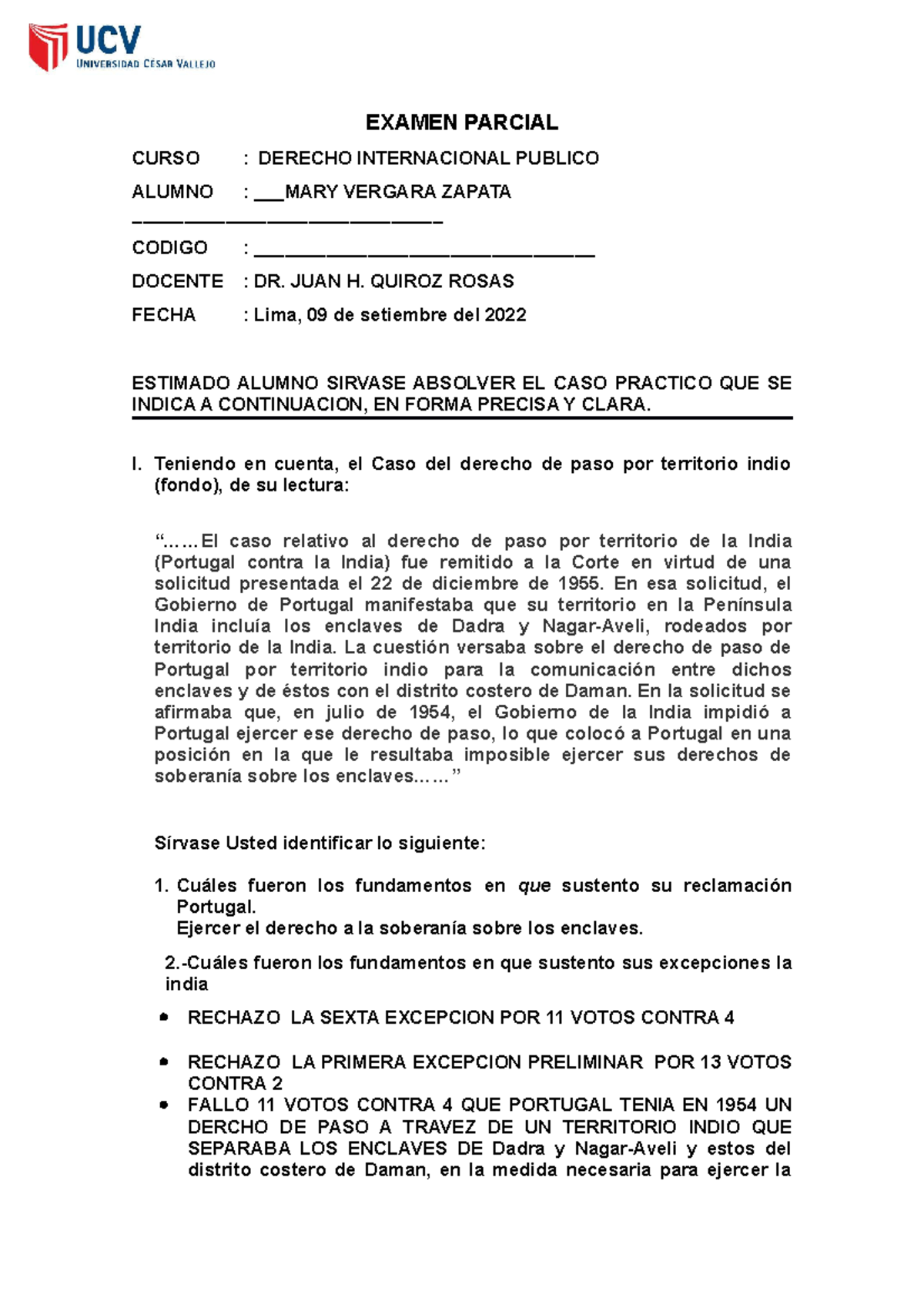 Examen Parcial UCV D. Internacional Publico 0 - EXAMEN PARCIAL CURSO ...
