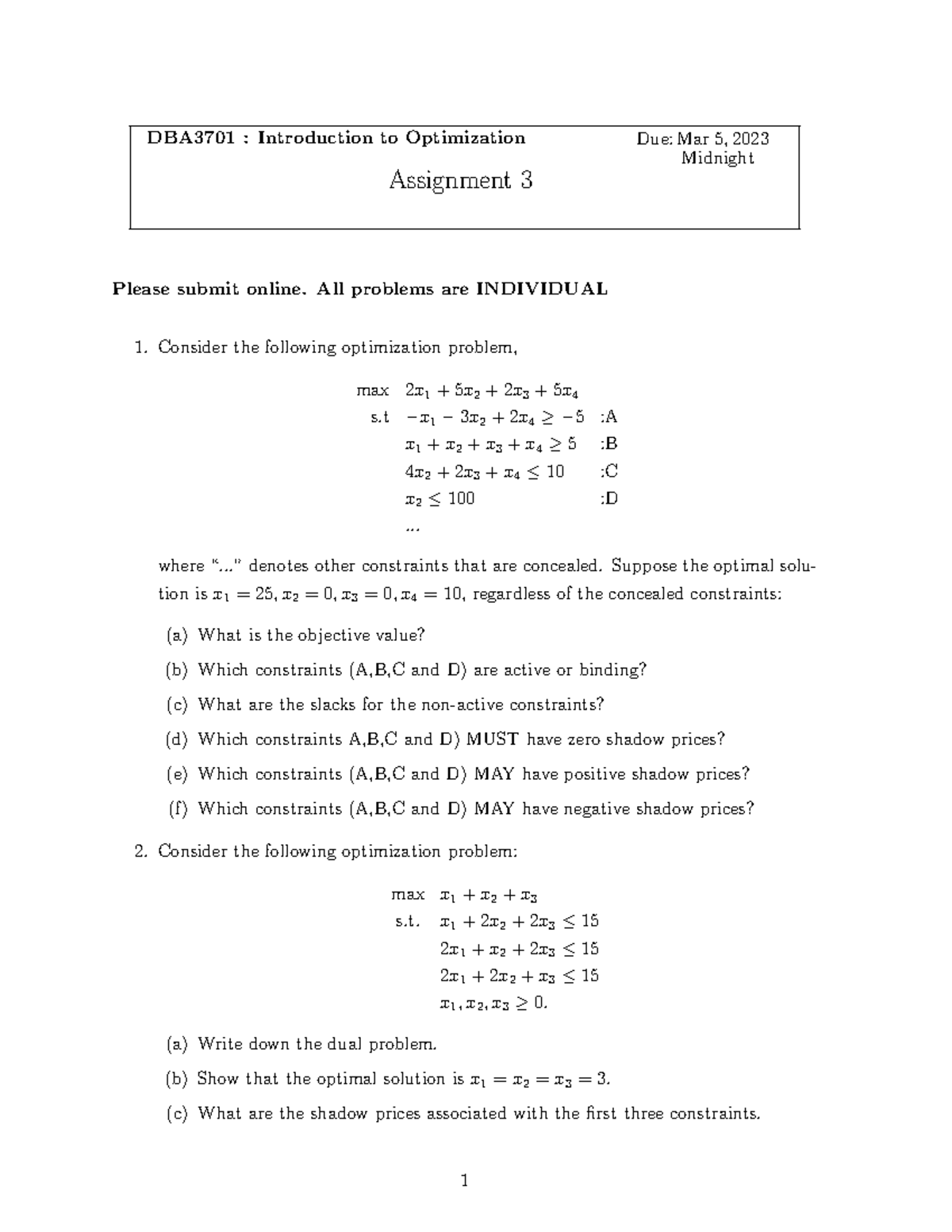 Assignment 3 - DBA3701 : Introduction to Optimization Assignment 3 ...