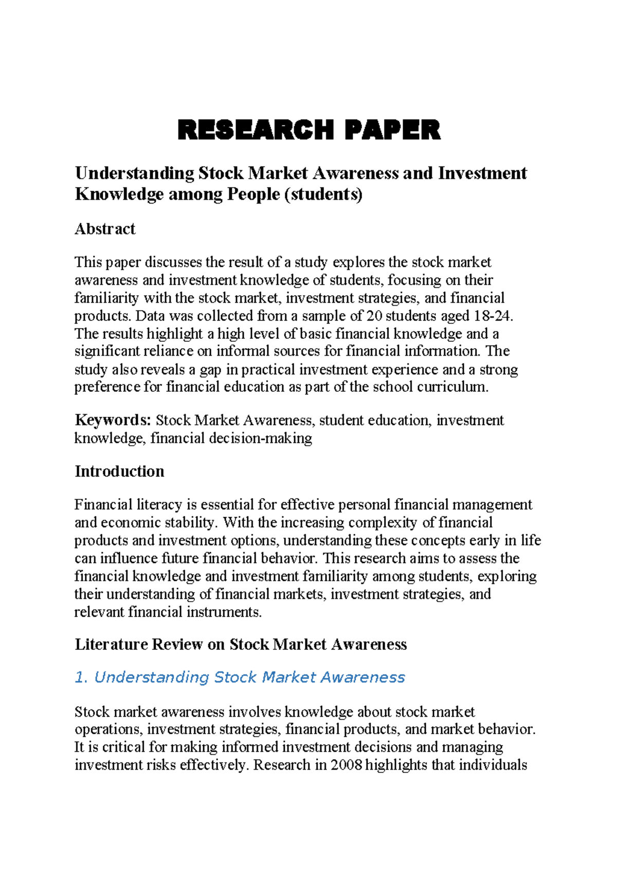 Research Paper - RESEARCH PAPER Understanding Stock Market Awareness ...