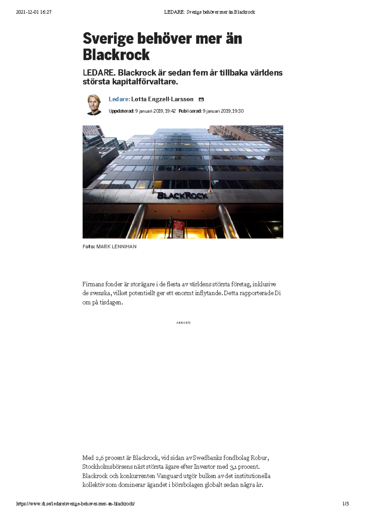 1.7 l Edare Sverige behöver mer än Blackrock - 2021-12-01 16:27 LEDARE ...