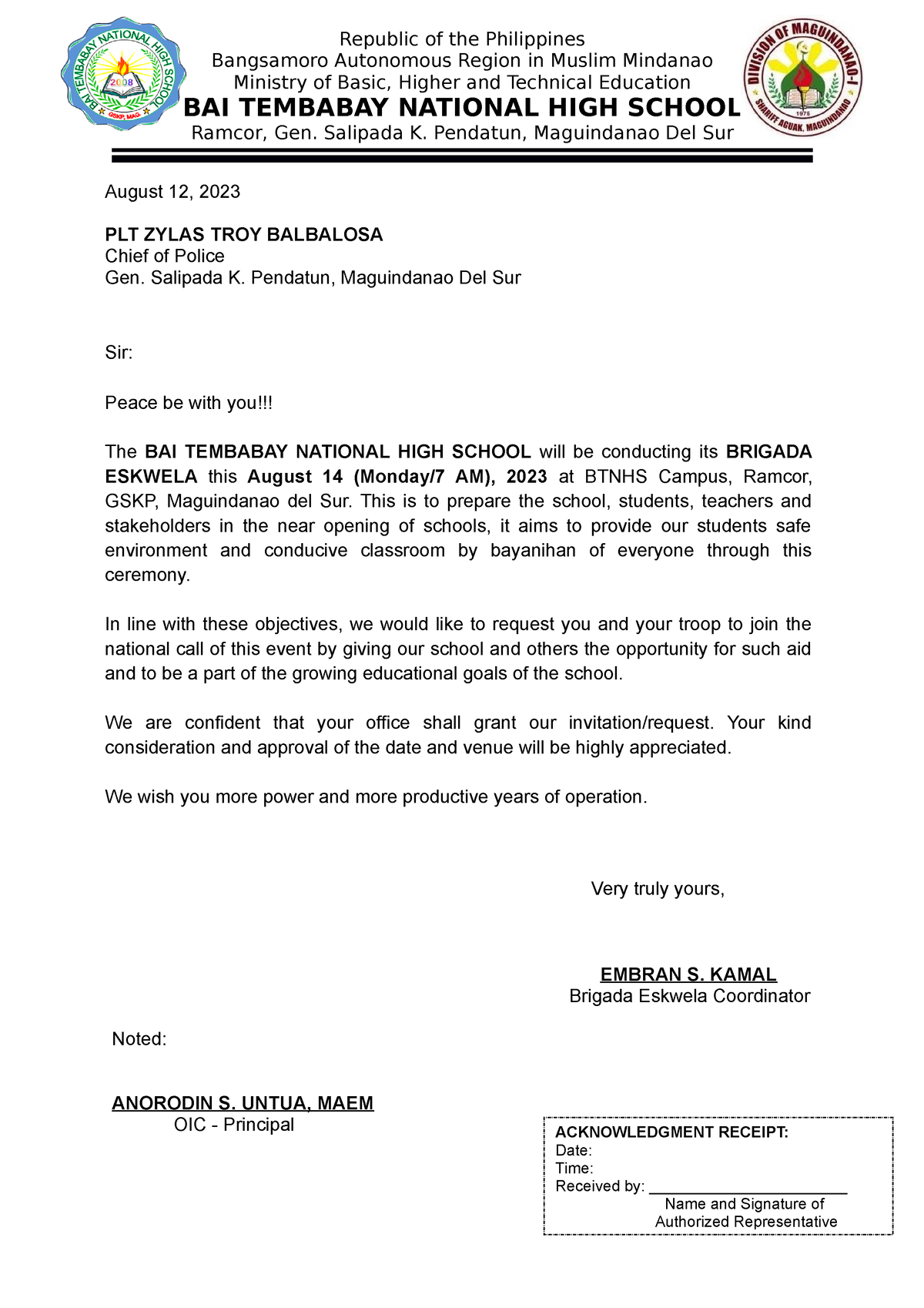 Brigada Invitation Letter Republic Of The Philippines 