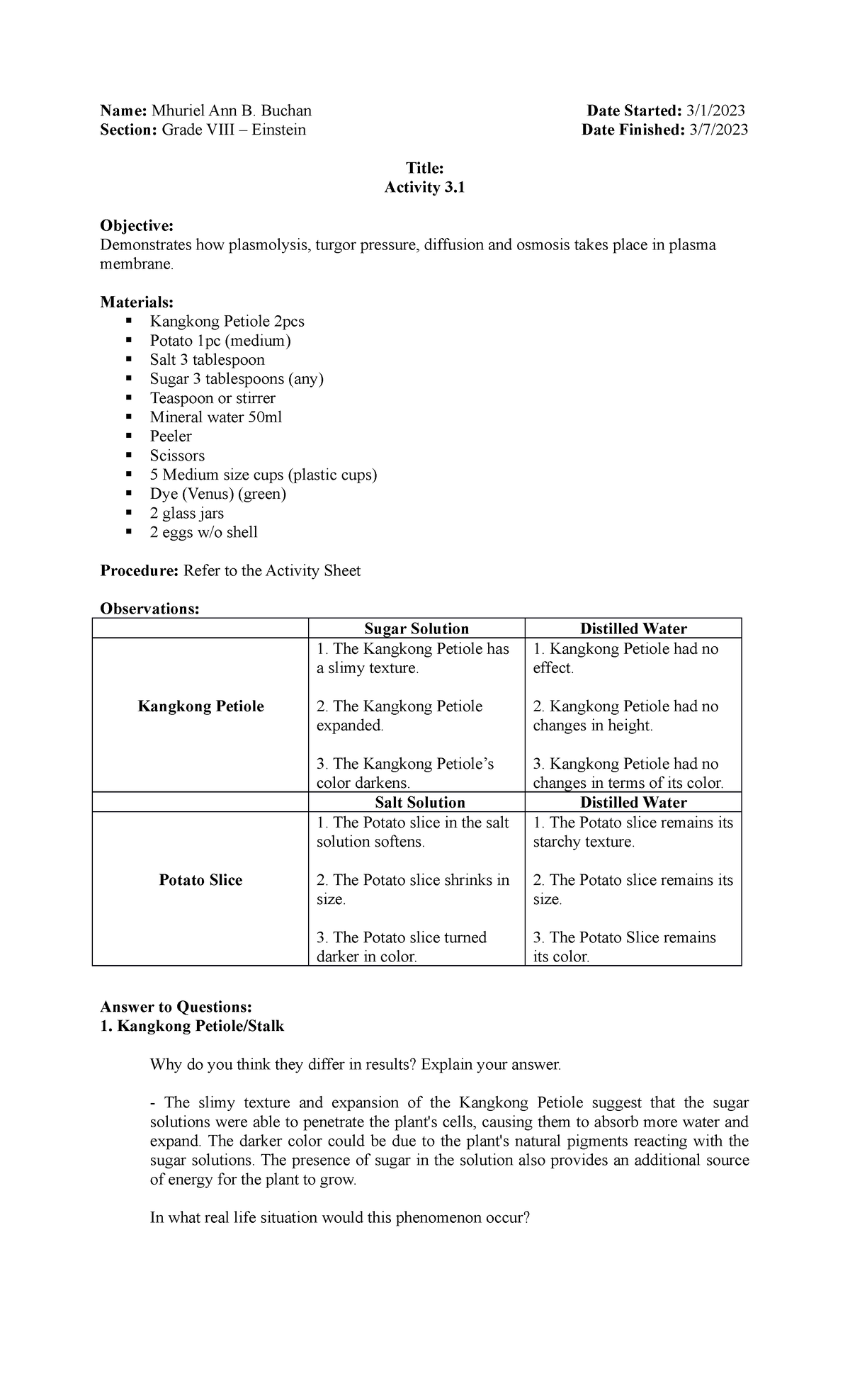 For Enhance Science Name Mhuriel Ann B. Buchan Date Started 3/1