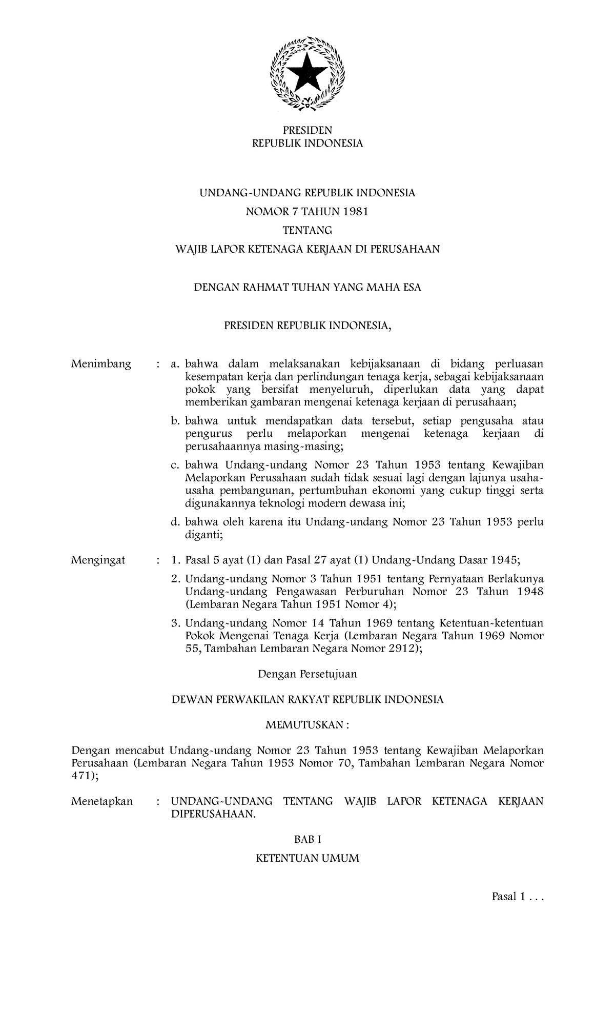 UU Nomor 7 Tahun 1981 - REPUBLIK INDONESIA UNDANG-UNDANG REPUBLIK ...