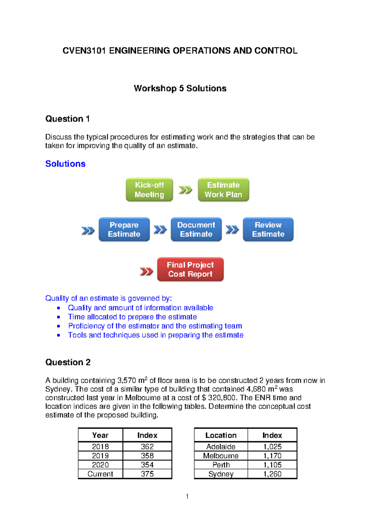 Workshop 5 Solution - 1 CVEN3101 ENGINEERING OPERATIONS AND CONTROL ...