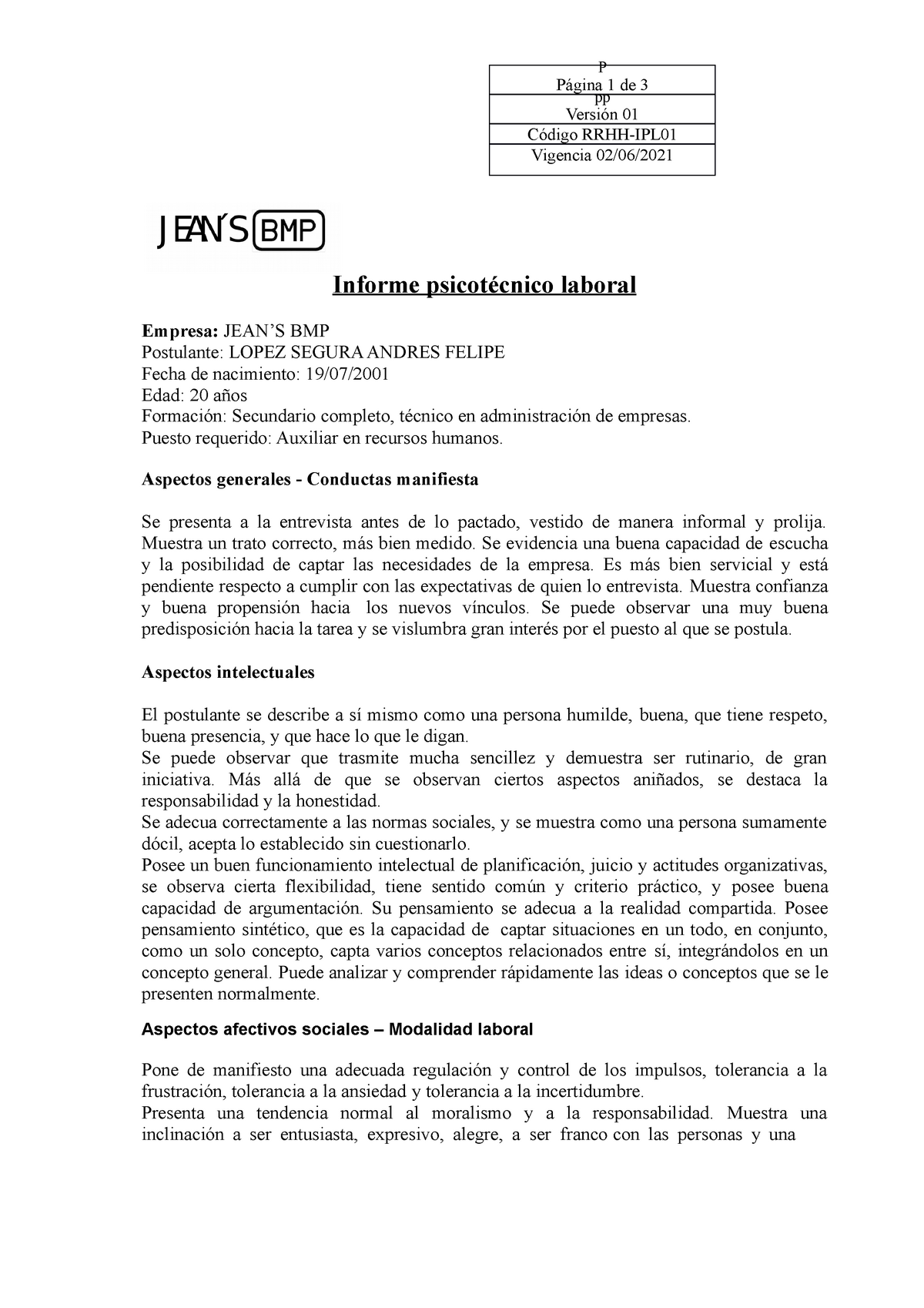 Informe DE Resultados Psicológicos - P Página 1 de 3 pp Versión 01 Código  RRHH-IPL Vigencia 02/06/ - Studocu