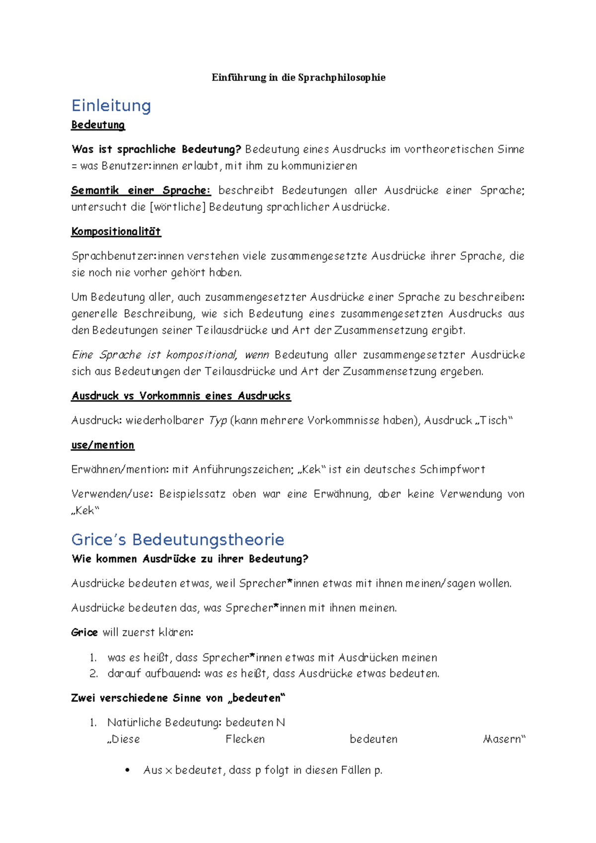 Zusammenfassung Von Faust 1 Mitschrift - Zusammenfassung von Grices Bedeutungstheorie - Einführung