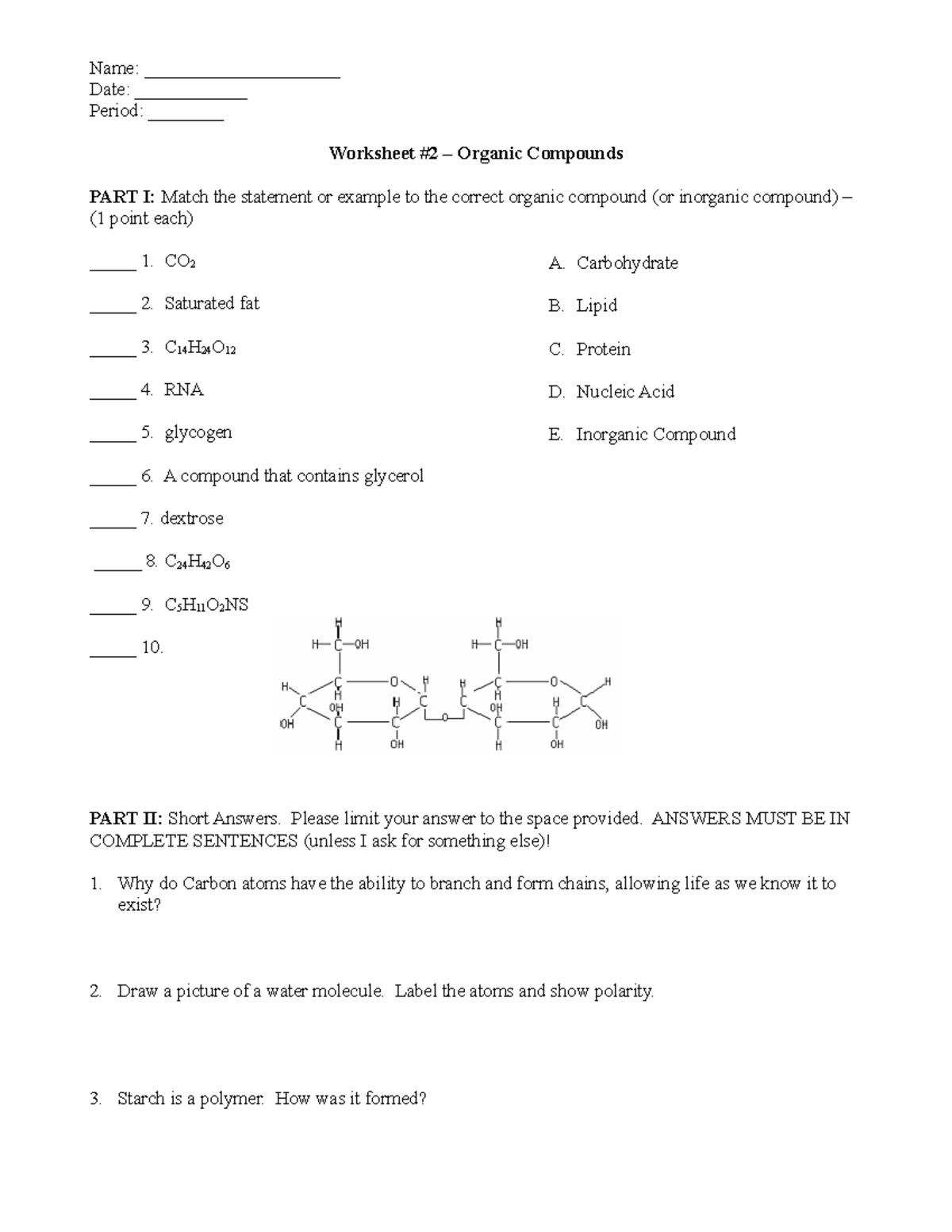 Organic Compounds Worksheet 2 Name Date