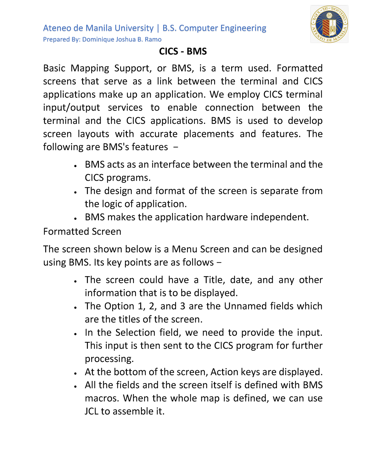 Study Guide - CICS - BMS - Prepared By: Dominique Joshua B. Ramo CICS ...