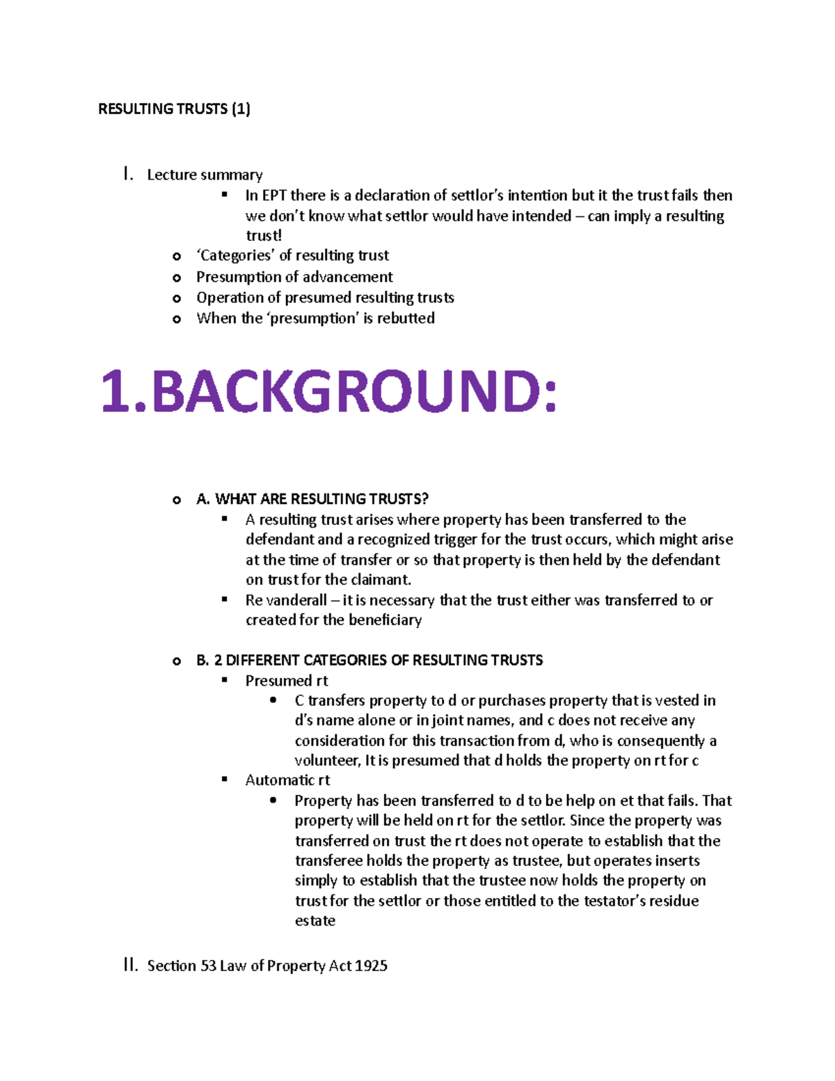 11 - Resulting Trusts - Lecture notes 11 - RESULTING TRUSTS (1) I ...