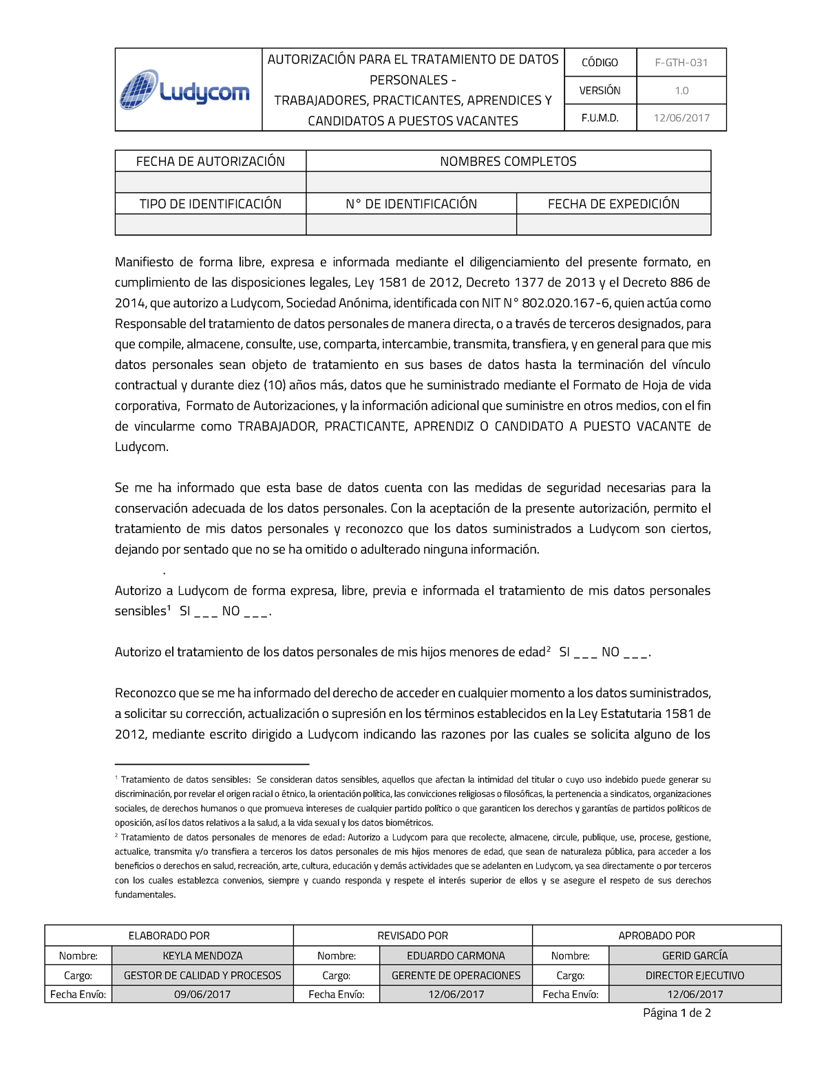 F-GTH-010 - Formato DE Autorización PARA EL Tratamiento DE Datos - TH ...