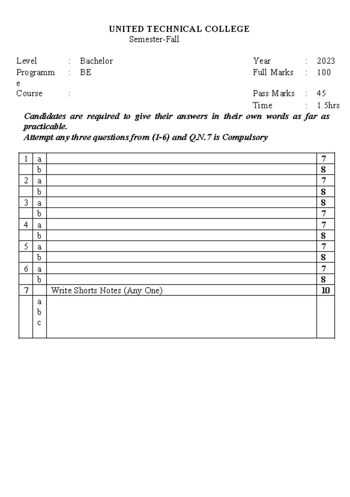 Question-Format - Sample - computer engineering - UNITED TECHNICAL ...