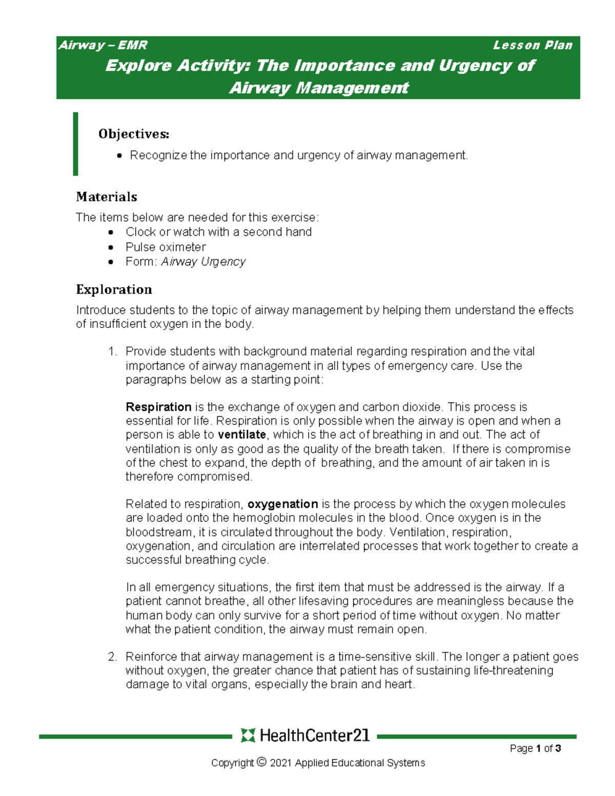 Airway urgency worksheet - Airway – EMR Lesson Plan Explore Activity ...