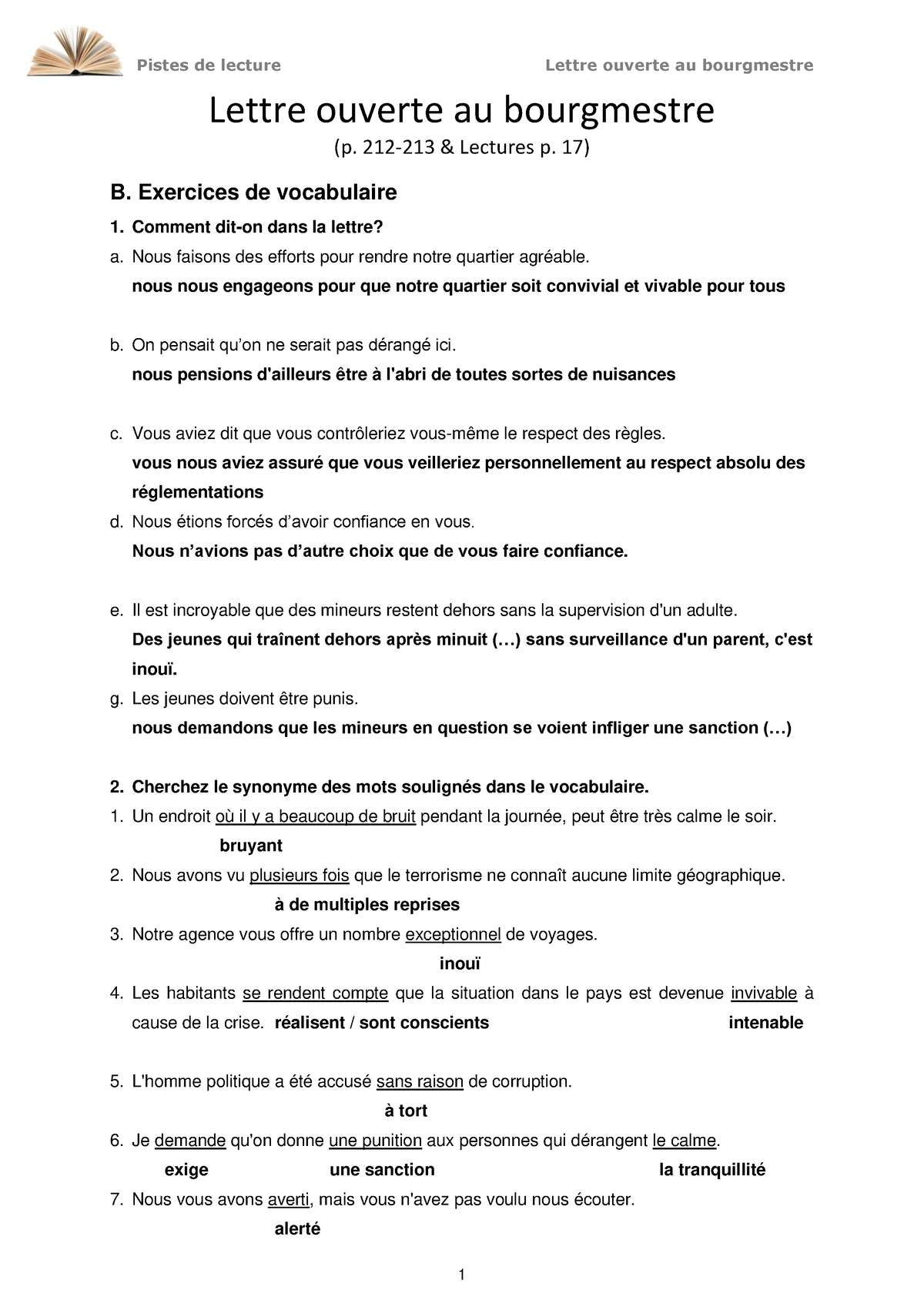 212 Lettre Ouverte Au Bourgmestre - Corrigé - Pistes De Lecture Lettre ...