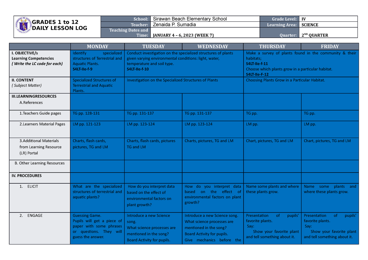 DLL Science 4 Q2 W7 - DAILY LESSON PLAN - GRADES 1 To 12 DAILY LESSON ...