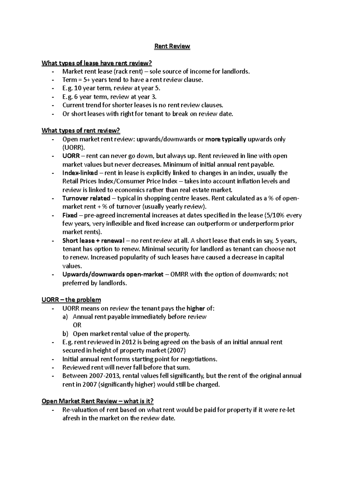 Rent Review - Lecture notes 3 - Rent Review What types of lease have ...