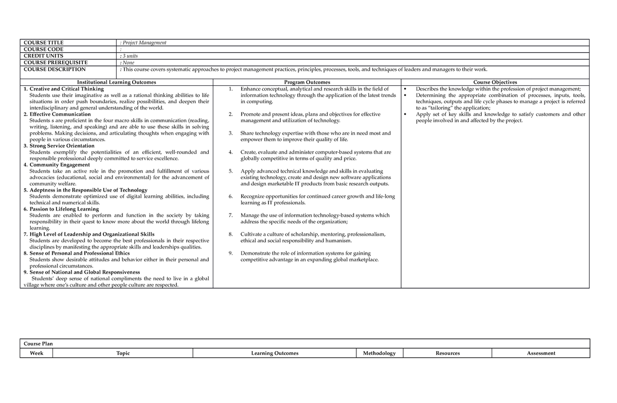 BSIT - Project Management - COURSE TITLE : Project Management COURSE ...