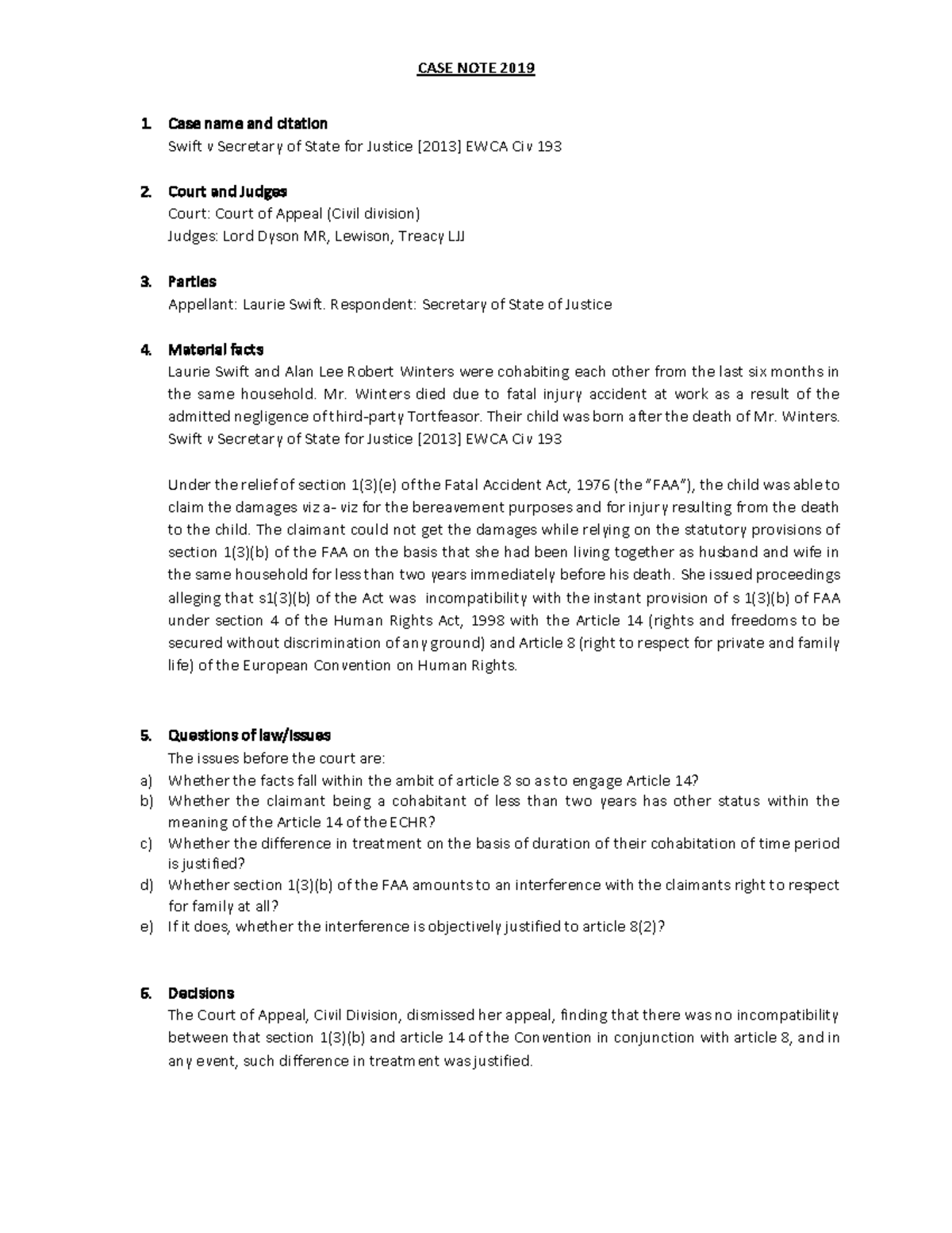 CASE NOTE Ameydee CASE NOTE 2019 Case name and citation Swift v