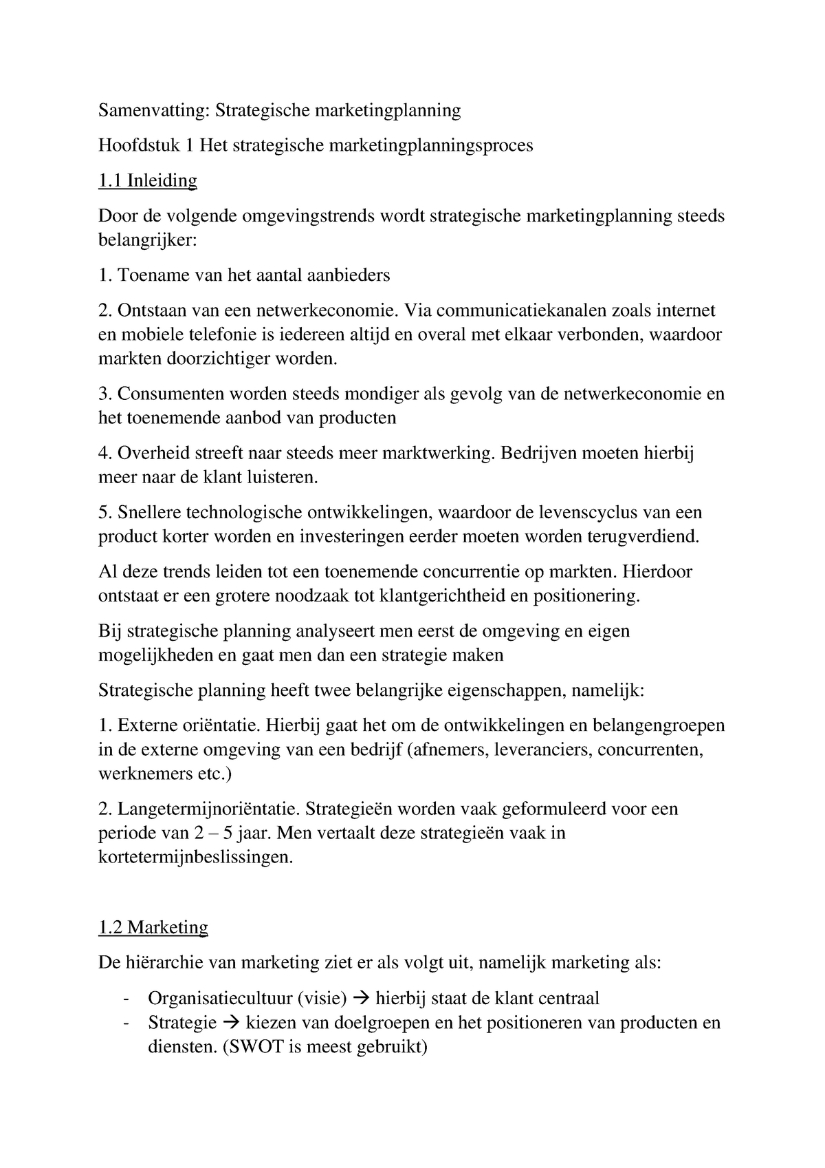 Samenvatting Marketing 2 - Samenvatting: Strategische Marketingplanning ...