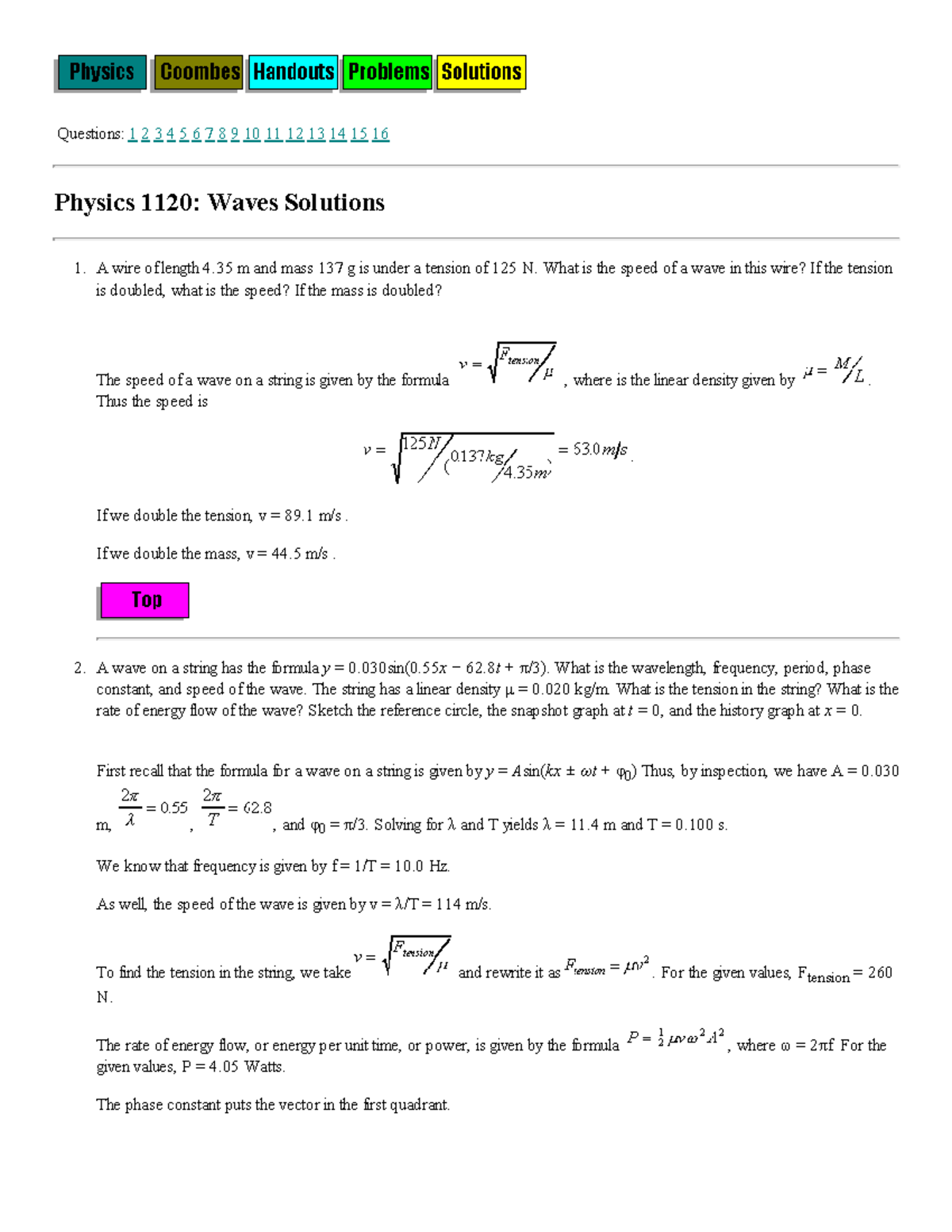 PHYS 1120 Waves Solutions - Questions: 1 2 3 4 5 6 7 8 9 10 11 12 13 14 ...