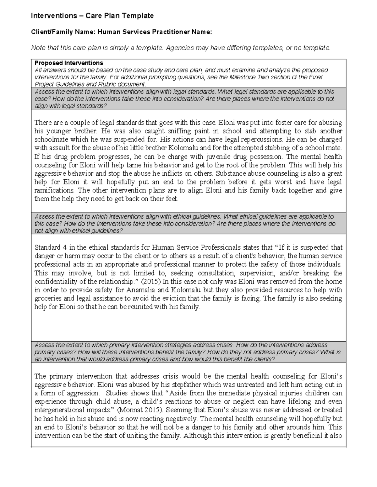 HSE 315 Interventions Care Plan Module 4 Milestone 2 - Interventions ...