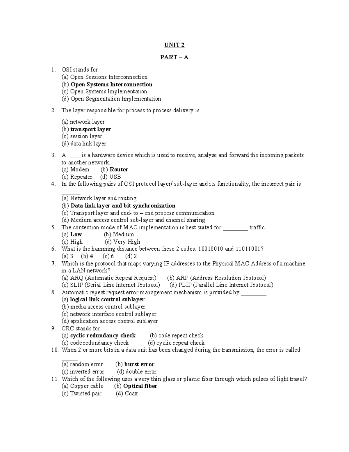 Unit 2 - Question Bank - UNIT 2 PART – A OSI Stands For (a) Open ...