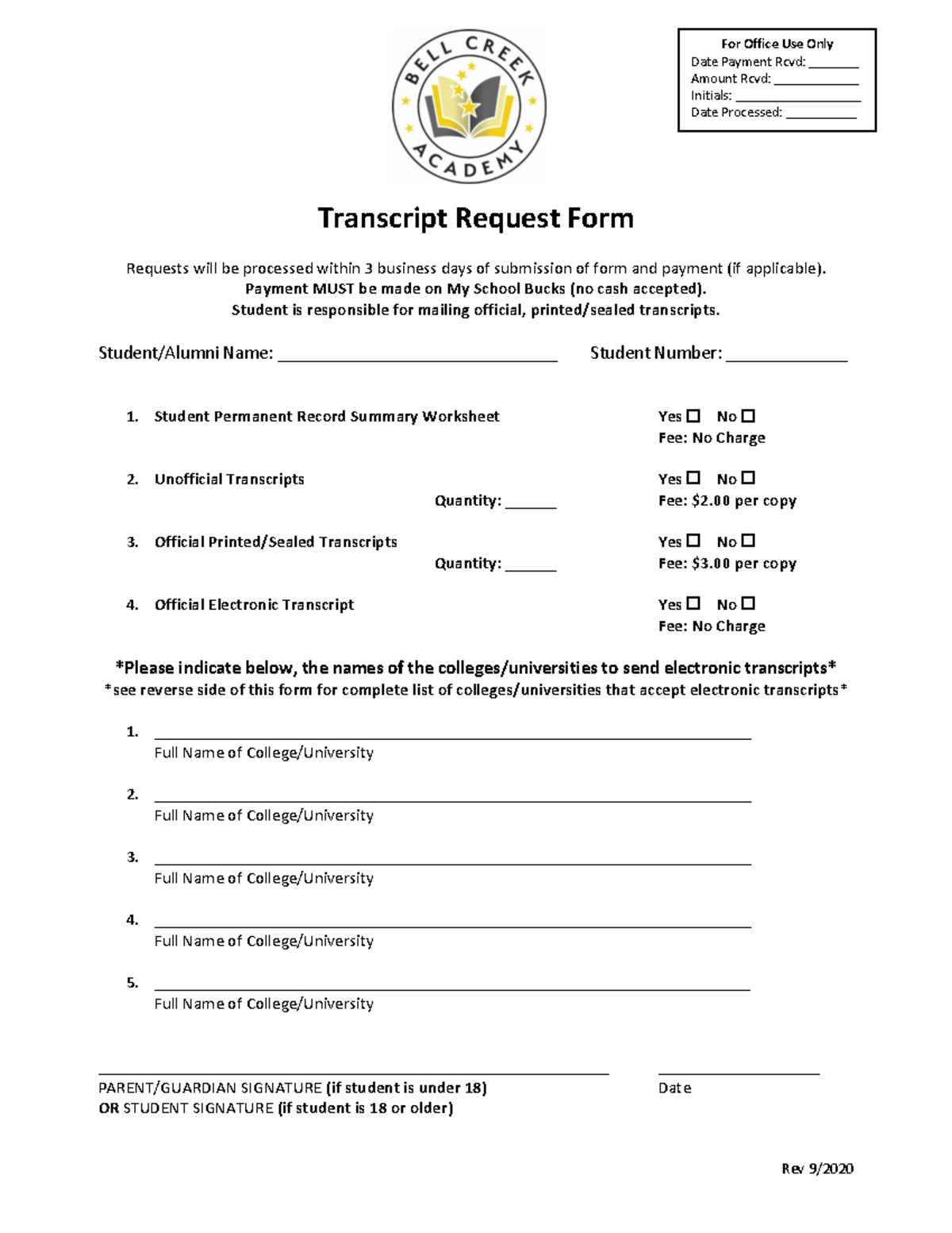 Transcript Request Form 2020 - Rev 9/ Transcript Request Form Requests ...