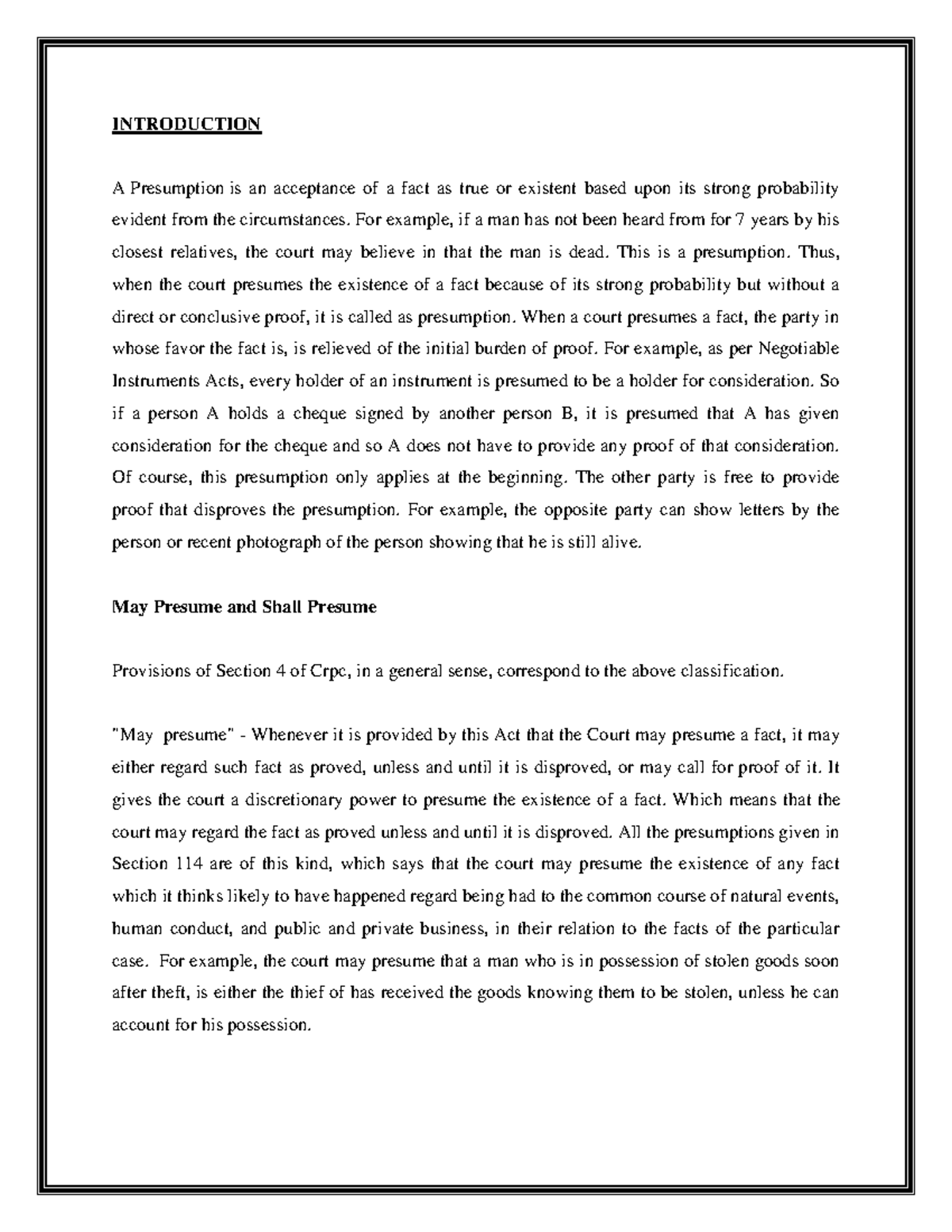 228135430-Kapil-Evidence - INTRODUCTION A Presumption is an acceptance ...