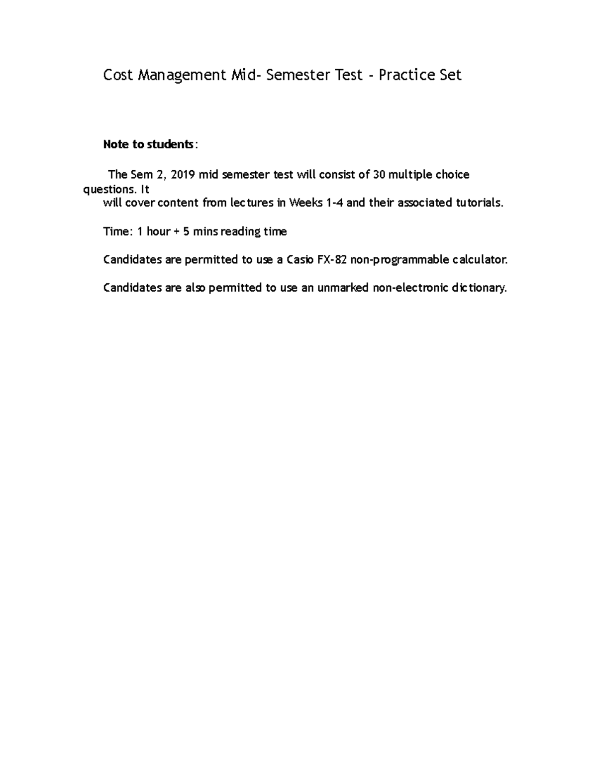 Mid-Semester Test Practice Paper - Cost Management Mid- Semester Test ...