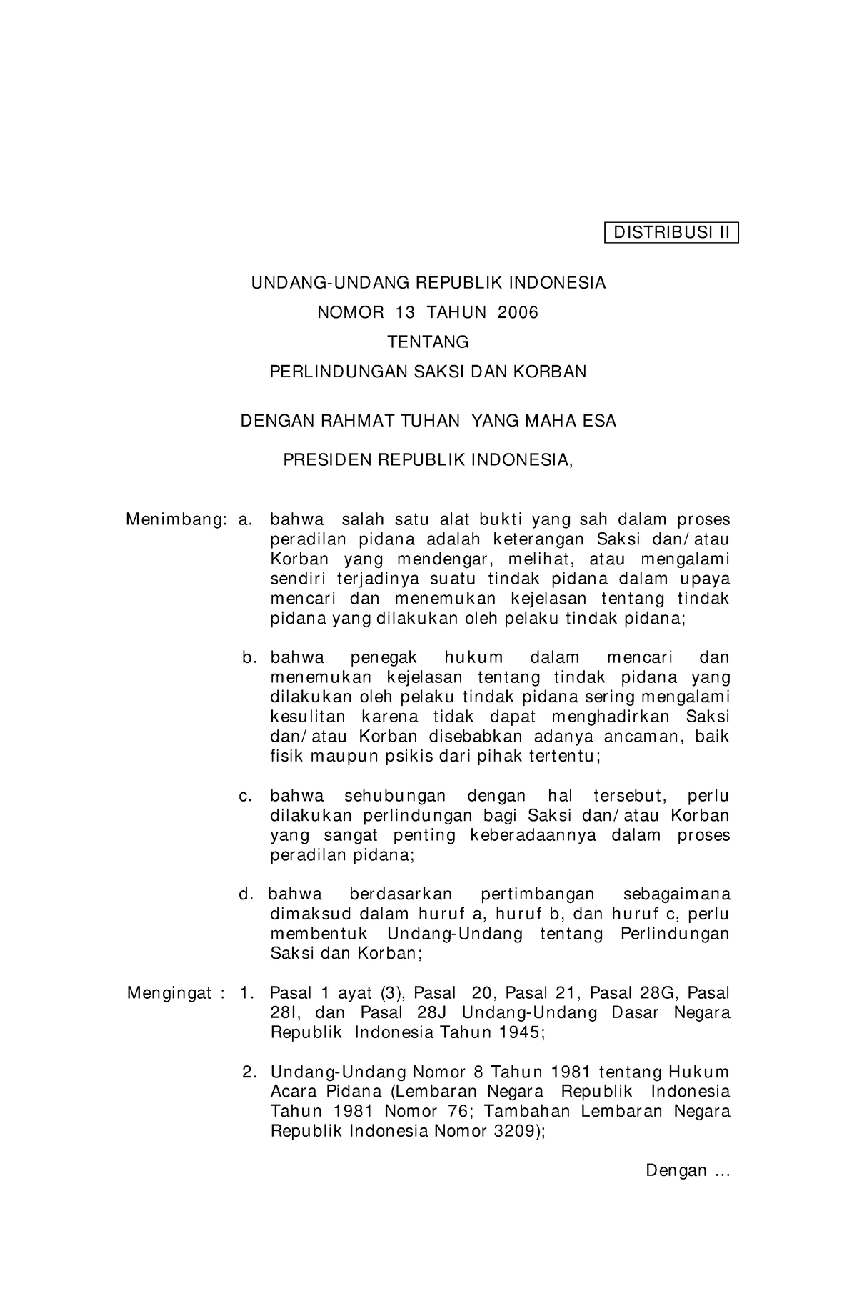 UU Nomor 13 Tahun 2006 - DISTRIBUSI II UNDANG-UNDANG REPUBLIK INDONESIA ...