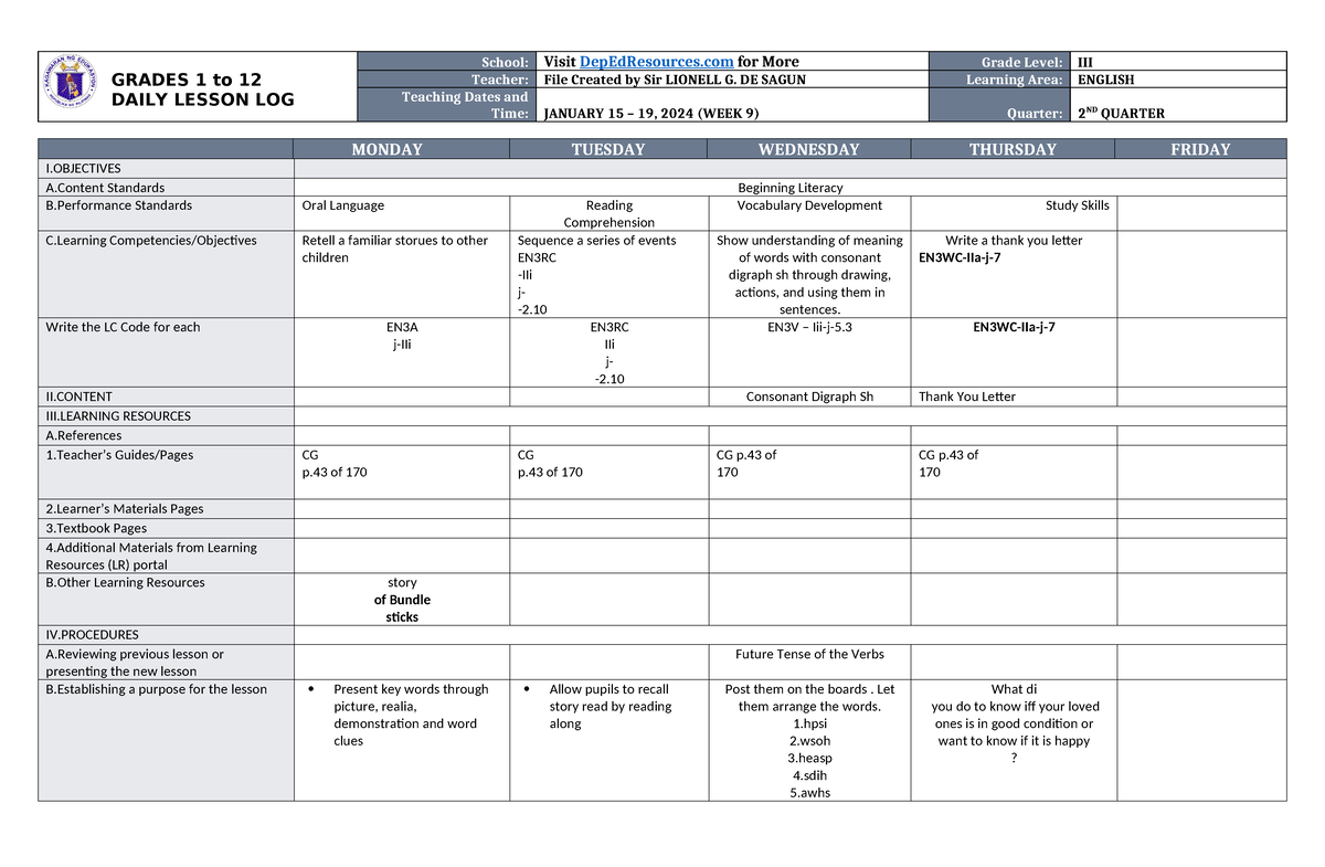 DLL English 3 Q2 W9 - lesson notes - GRADES 1 to 12 DAILY LESSON LOG ...