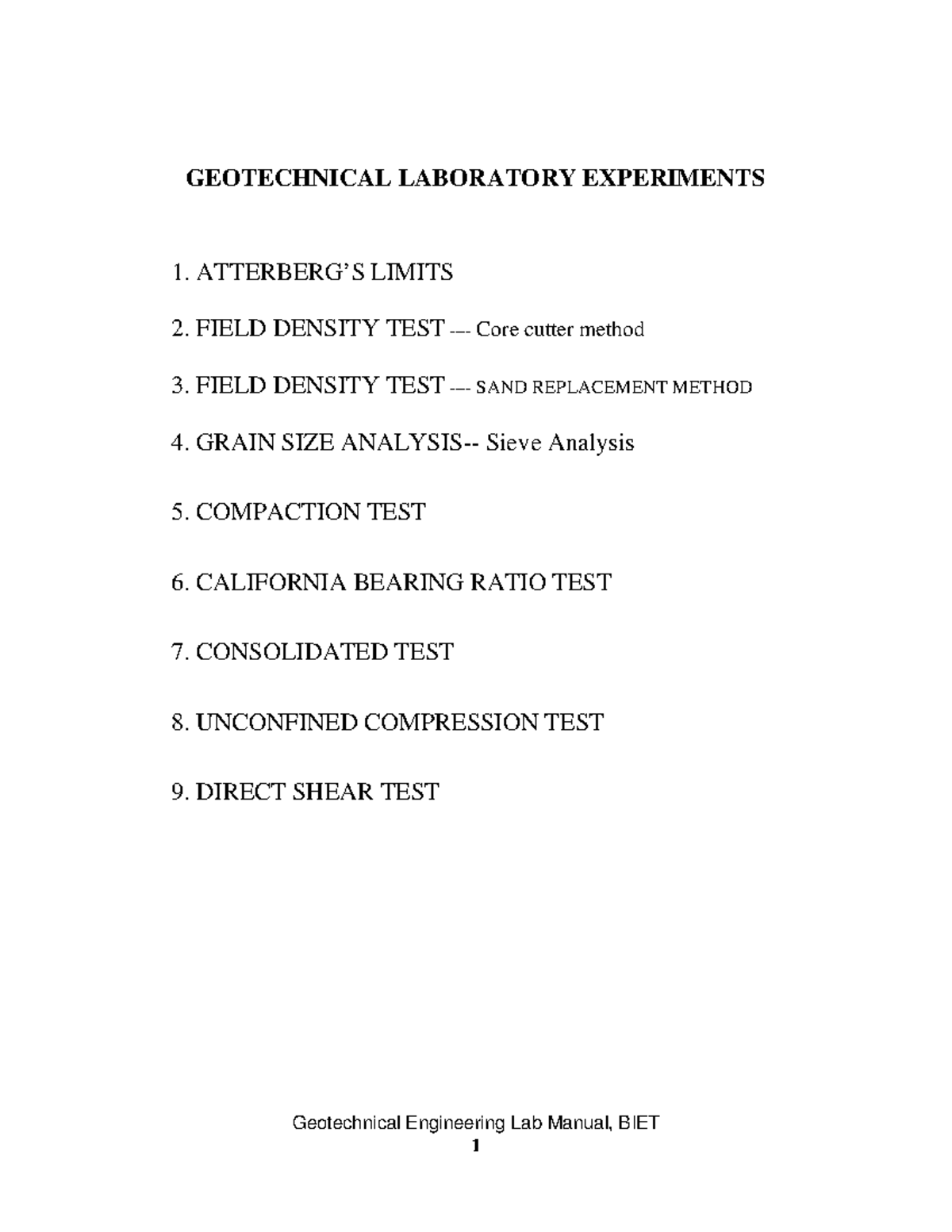 Biet 635083724252500000 Geotechnical Engineering Lab Manual, BIET