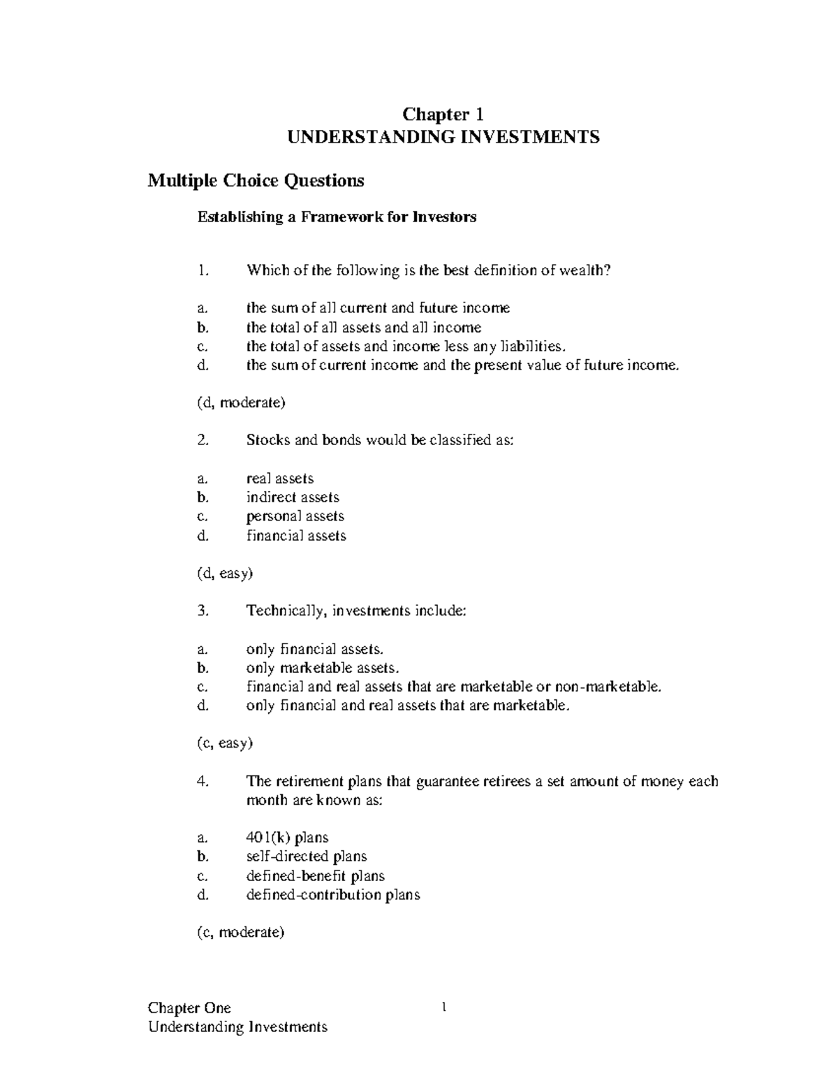 TB investment pre mid - Chapter One Understanding Investments 1 Chapter ...