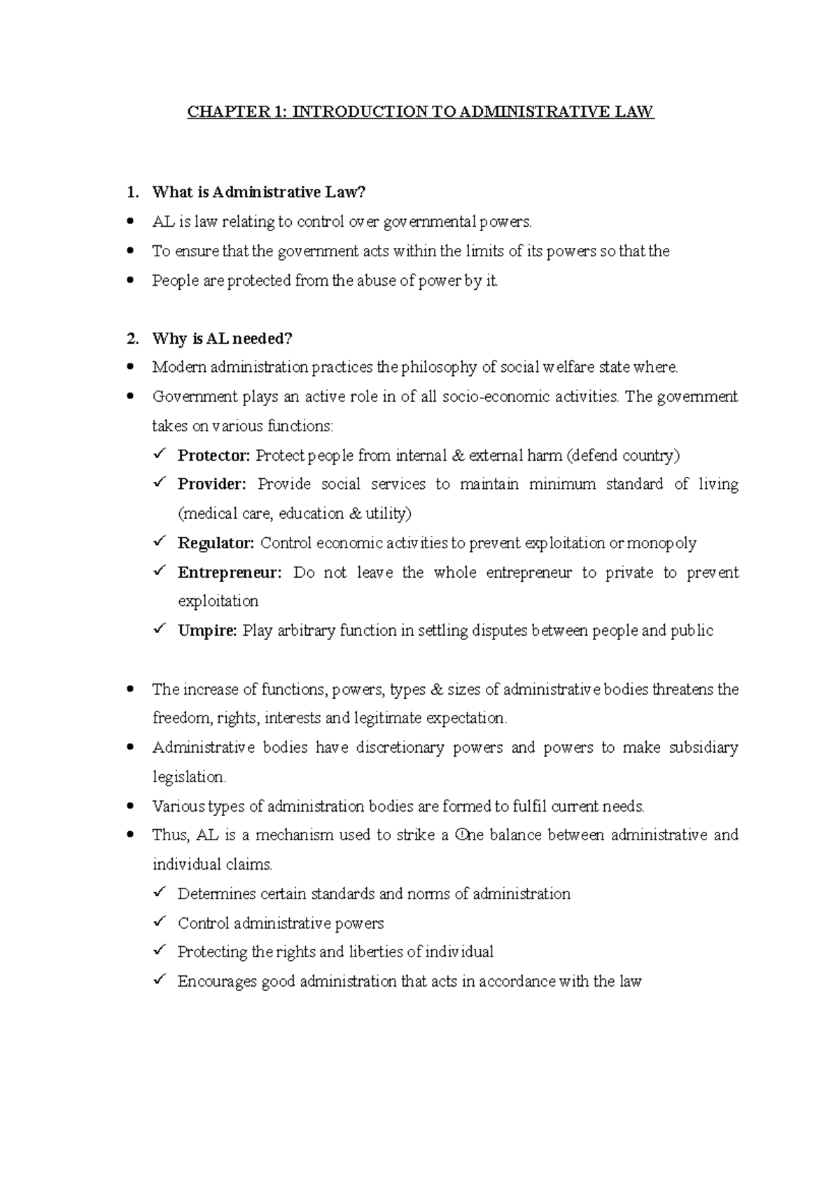 NOTE Chapter 1 Admin LAW CHAPTER 1 INTRODUCTION TO ADMINISTRATIVE