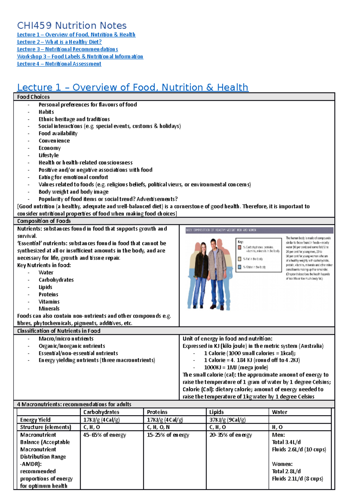 Nutrition Notes - Lecture content - CHI233 - Murdoch - Studocu