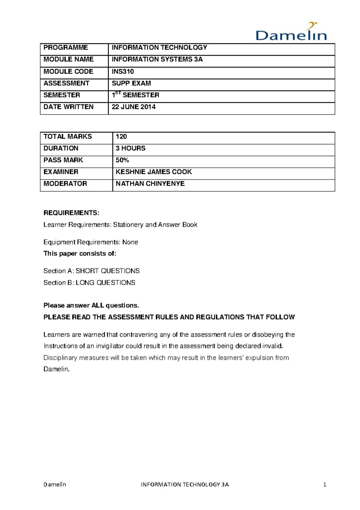 Information Systems 3A Supp Exam - Damelin INFORMATION TECHNOLOGY 3A 1 ...