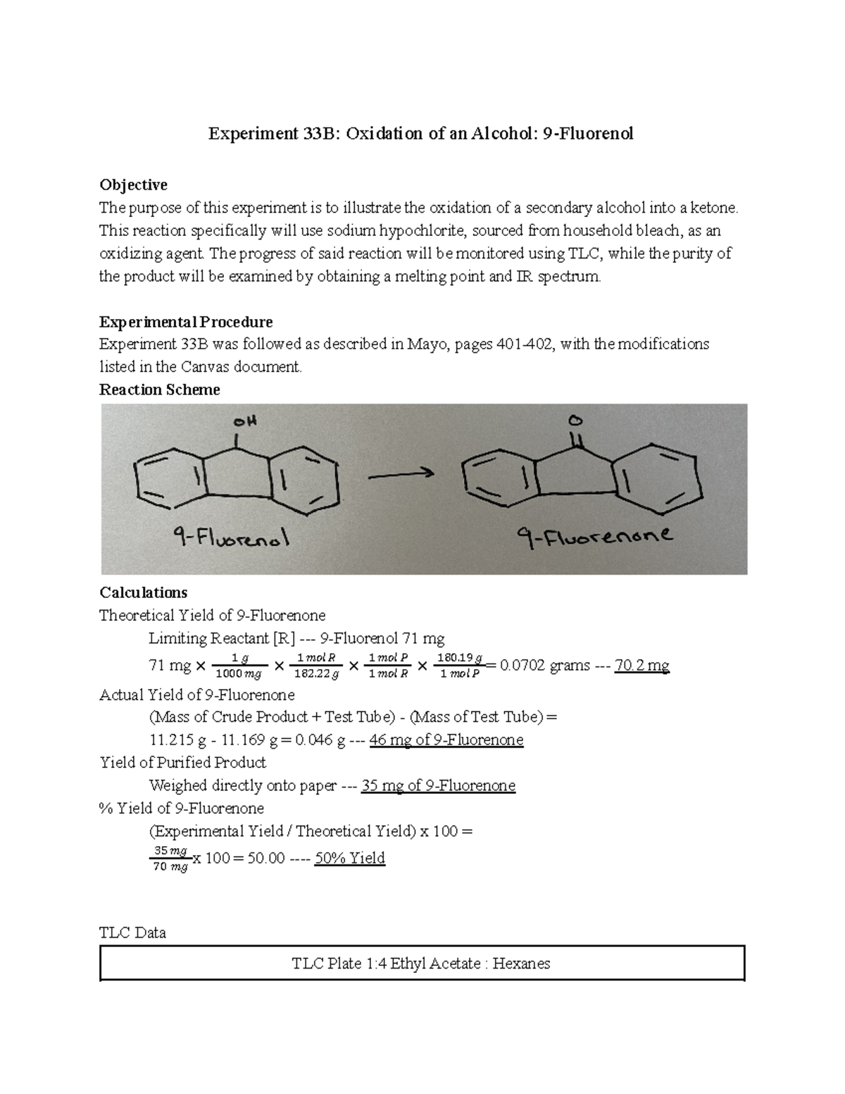 Orgo Lab 12 Lab Report 12 Experiment 33B Oxidation of an Alcohol