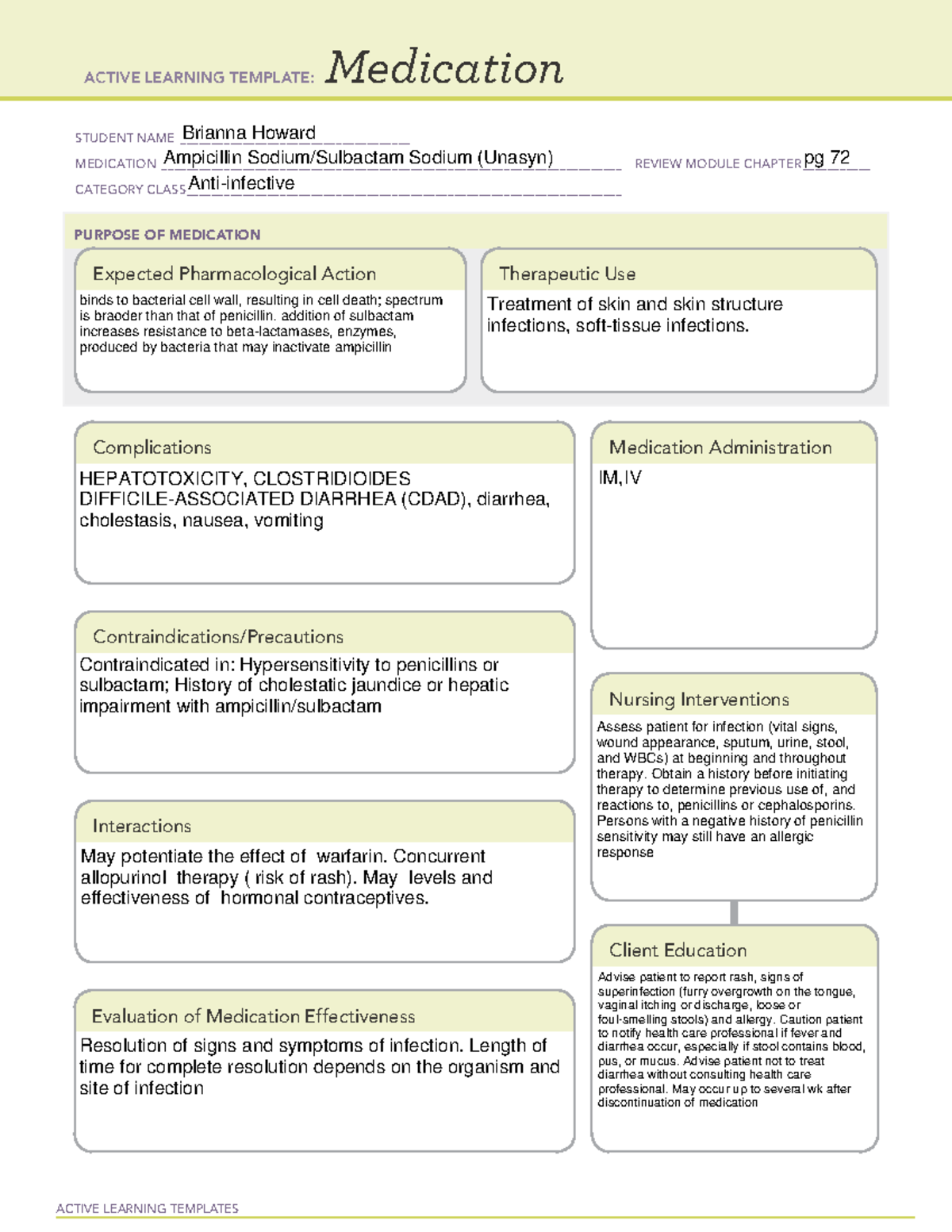 Unasyn MED - Med card - ACTIVE LEARNING TEMPLATES Medication STUDENT ...