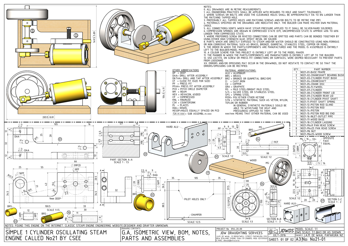 NO21 A3 Sheet 01 - SIMPLE OSCILLATING STEAM ENGINE - 20 20 36PCD 28RM ...