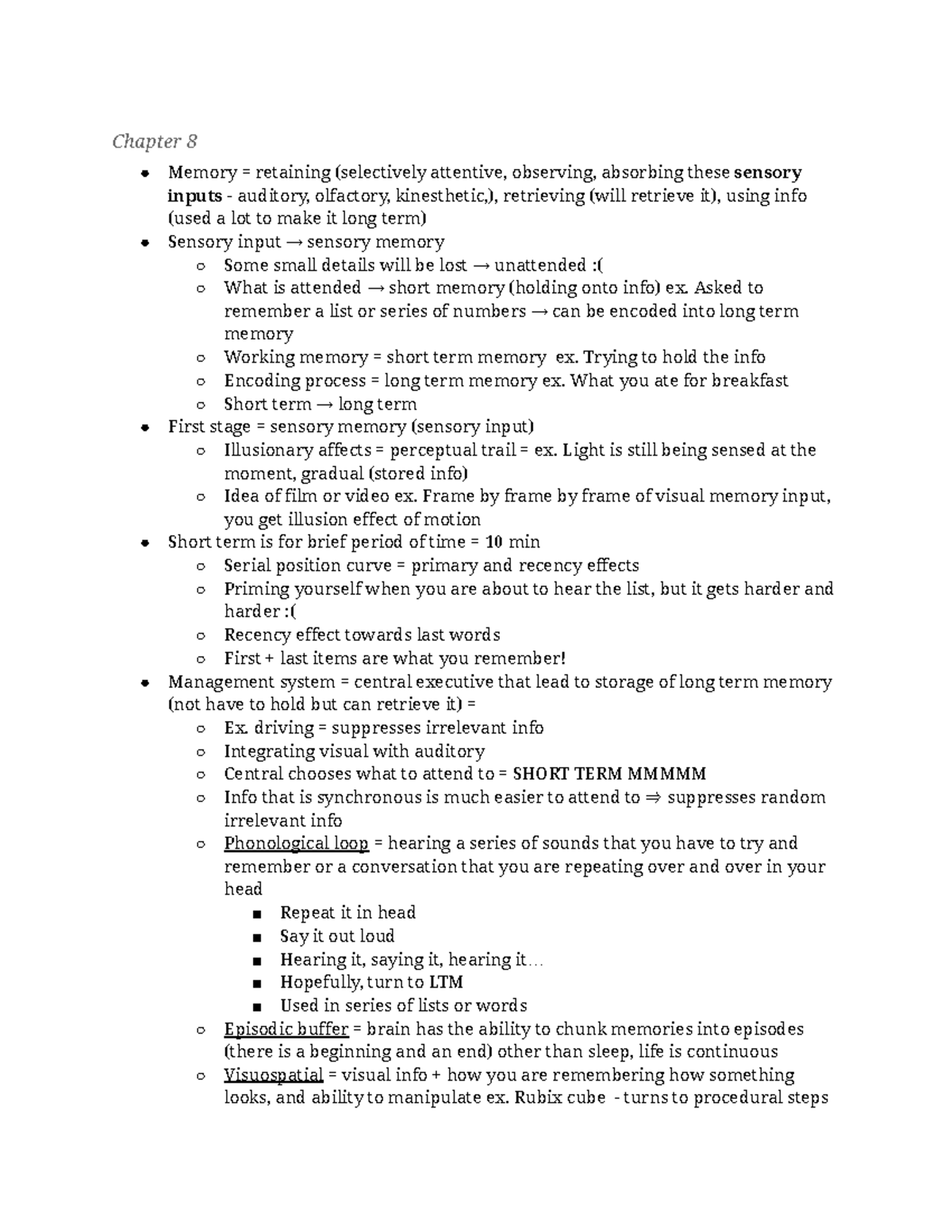 Chapter 8 Psych 150 Notes - Chapter 8 Memory = retaining (selectively ...