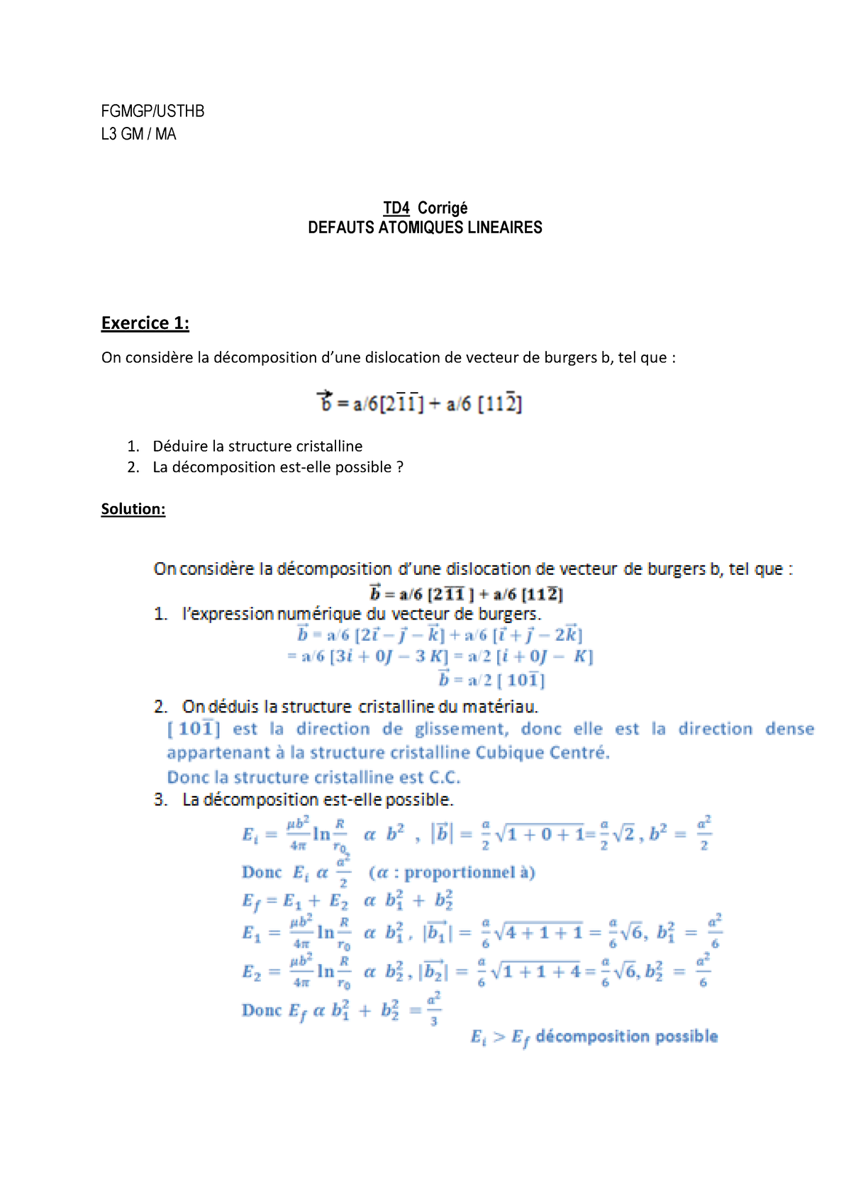 Corrige TD4 - FGMGP/USTHB L3 GM / MA TD4 Corrigé DEFAUTS ATOMIQUES ...