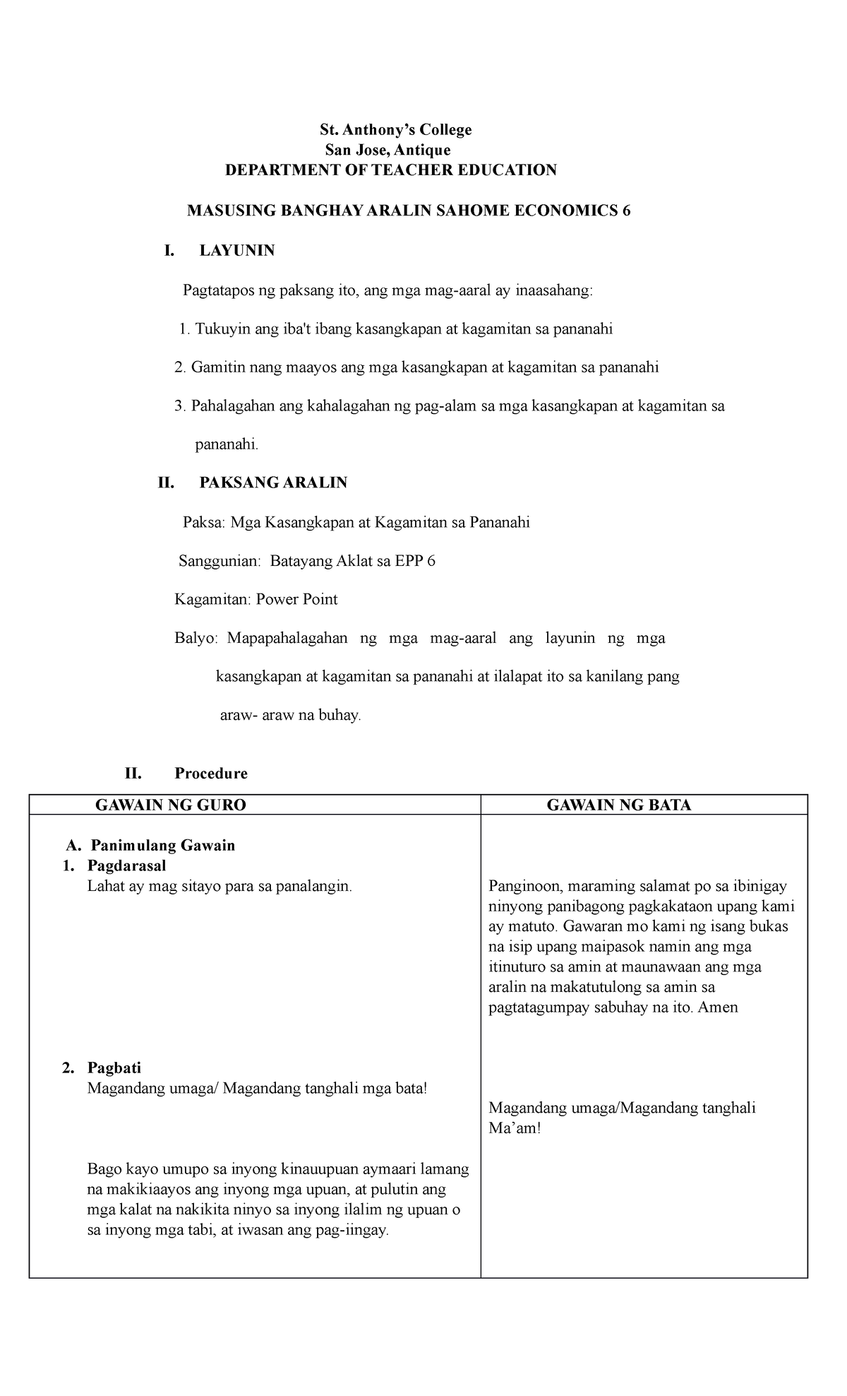 A-Detailed-Lesson-Plan-EPP 6 - St. Anthony’s College San Jose, Antique ...