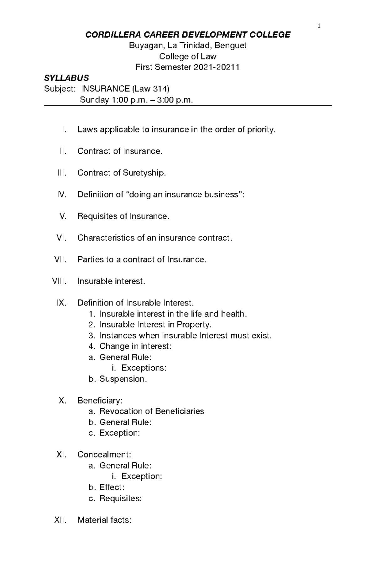 Syllabus- Insurance - Notes - CORDILLERA CAREER DEVELOPMENT COLLEGE ...