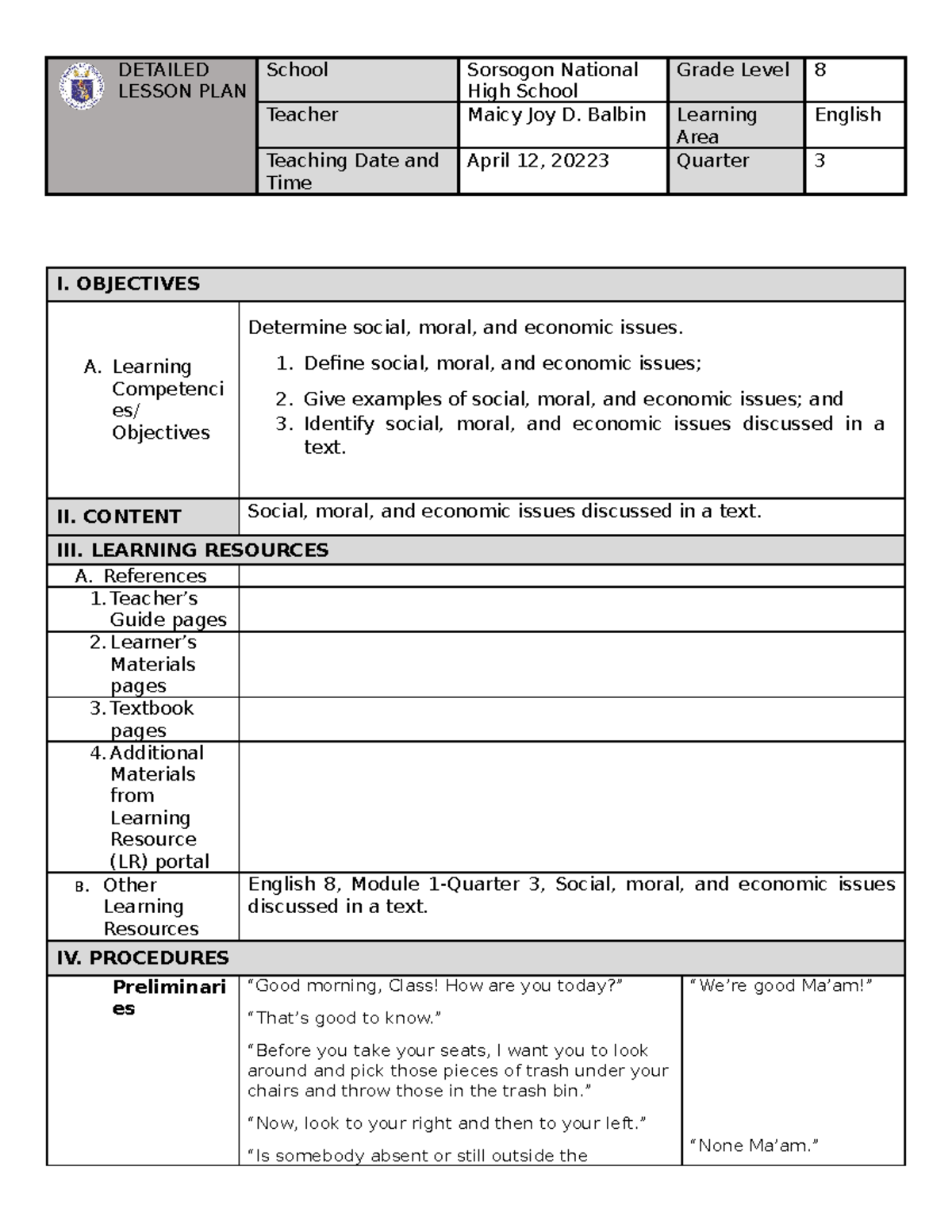 Issues - DETAILED LESSON PLAN School Sorsogon National High School ...