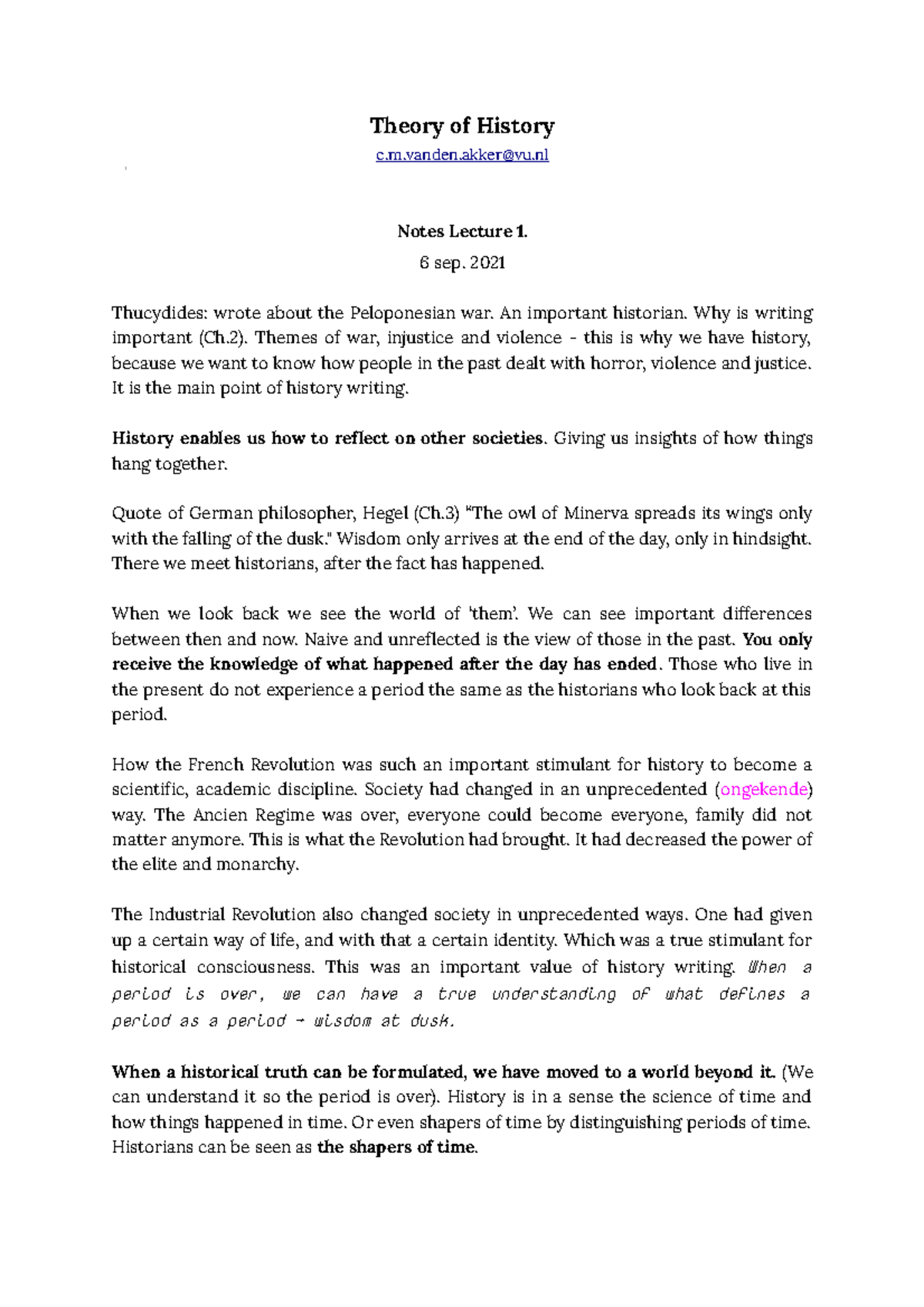 Aantekeningen Theory of History Theory of History c.m.vandenvu Notes