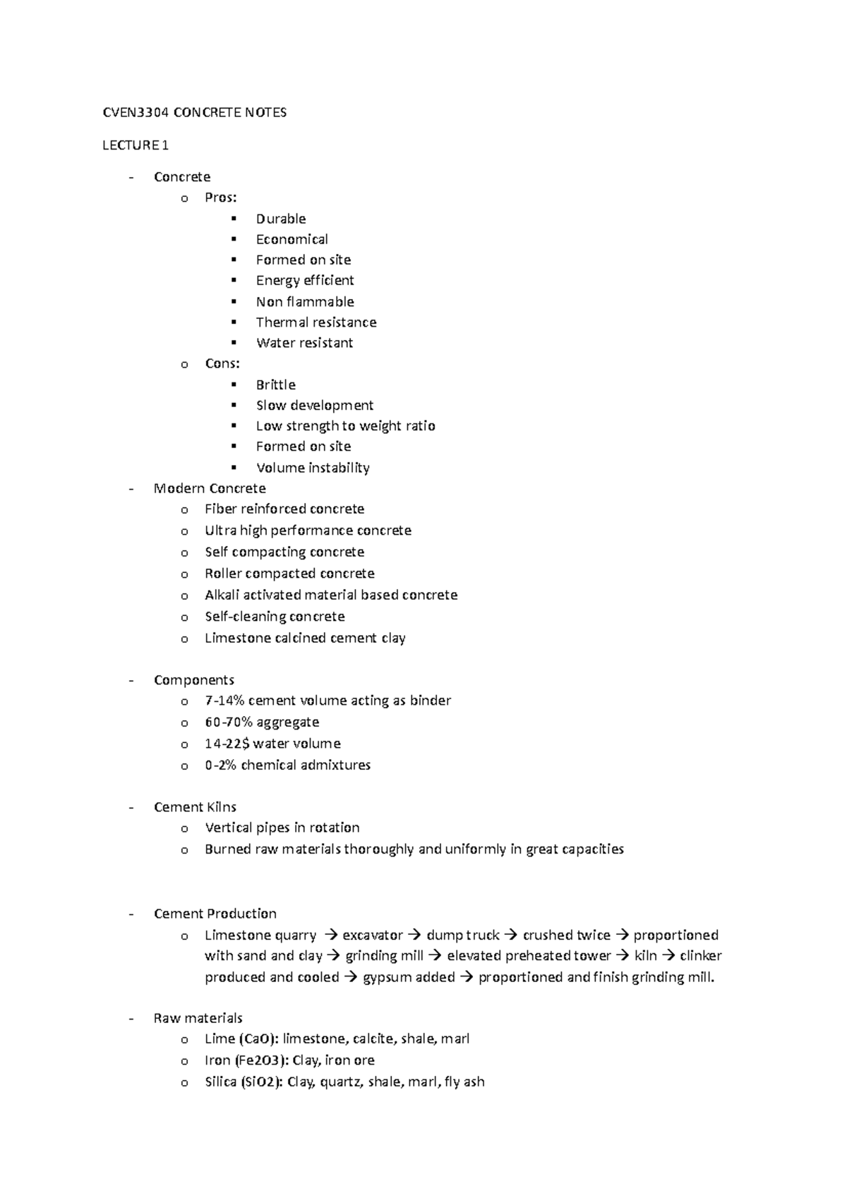 CVEN3304 Concrete Notes CVEN3304 CONCRETE NOTES LECTURE 1 Concrete o