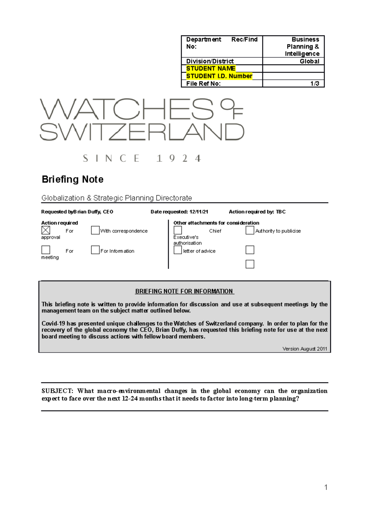 BM 461b Business Studies and Graduation course - Briefing Note ...