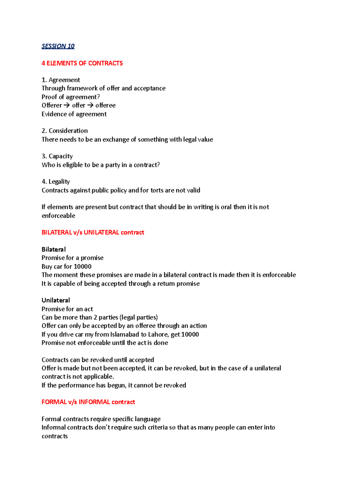 NOTES BUSINESS LAW 2320 LECTURE NOTES - SESSION 10 4 ELEMENTS OF ...